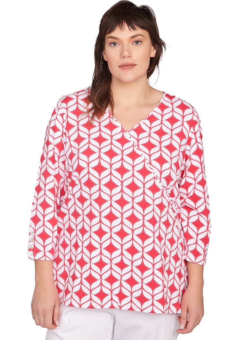 Plus Size Faux Surplice Geometric Print Knit Top