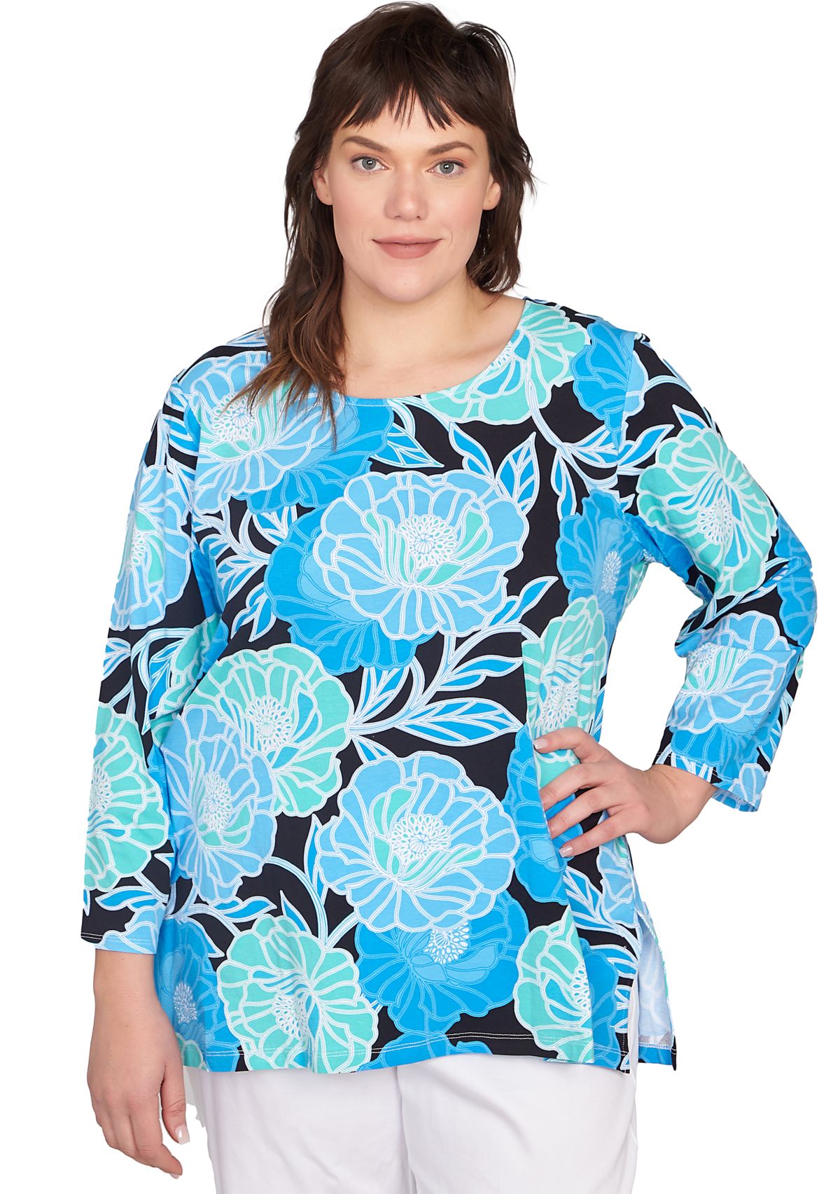 Plus Size Scoop Neck Poppies Print Knit Top