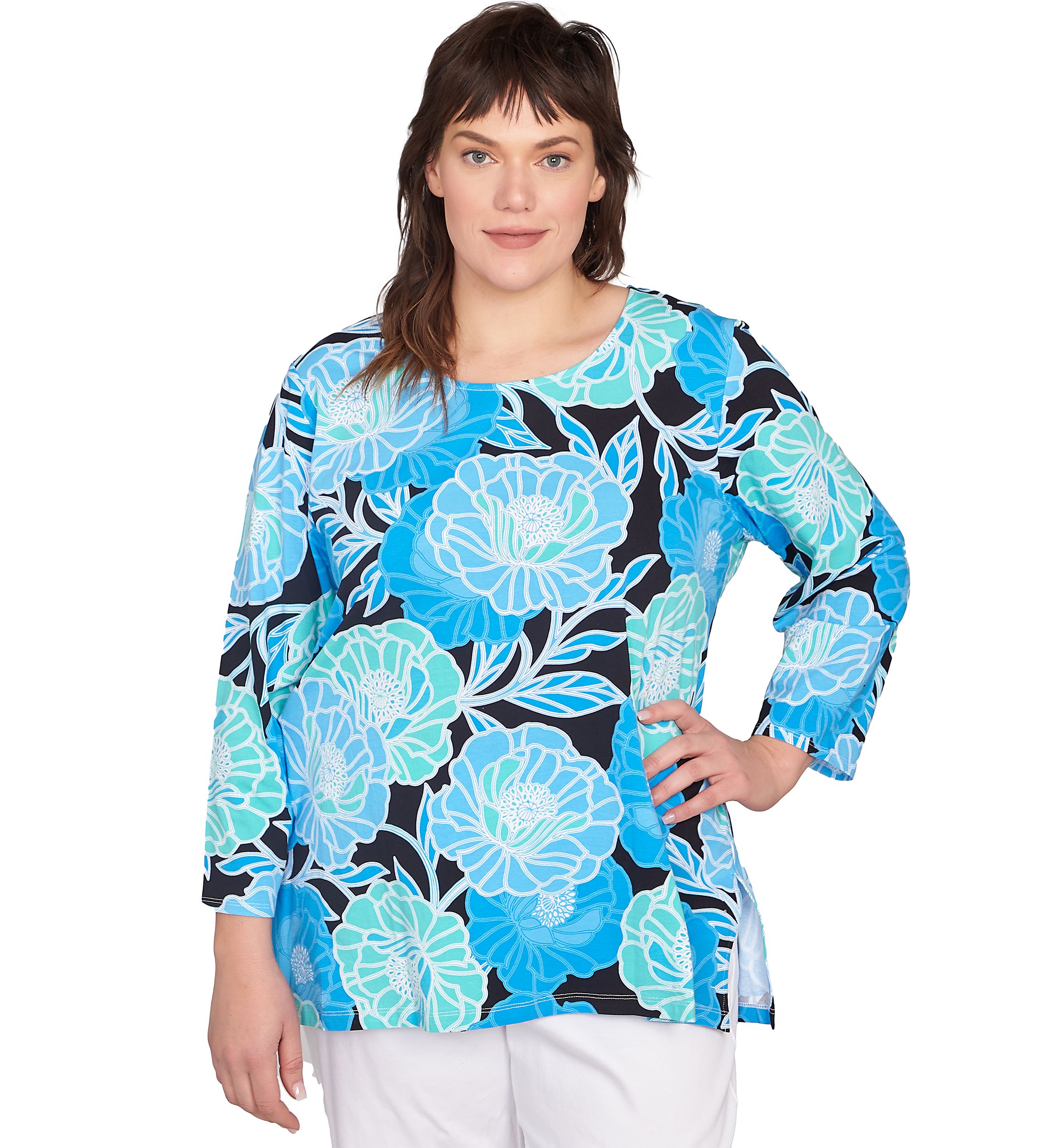 Plus Size Scoop Neck Poppies Print Knit Top