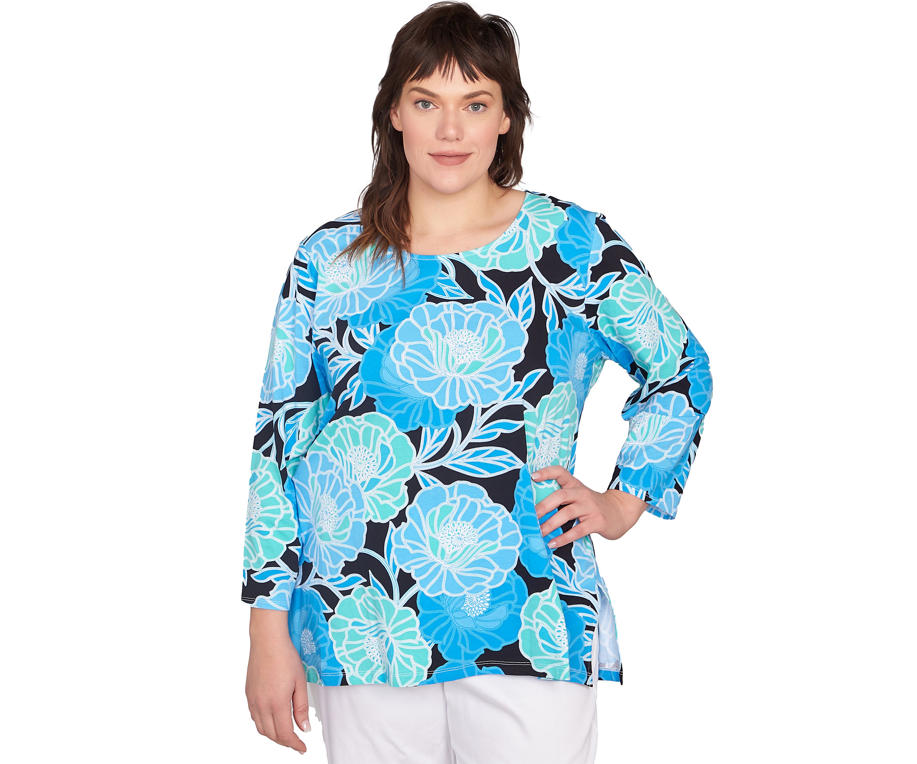 Plus Size Scoop Neck Poppies Print Knit Top