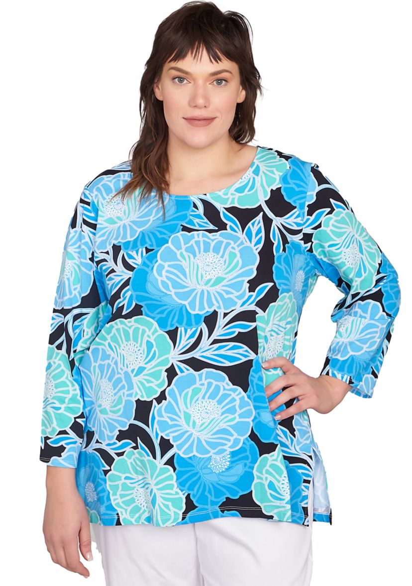 Plus Size Scoop Neck Poppies Print Knit Top