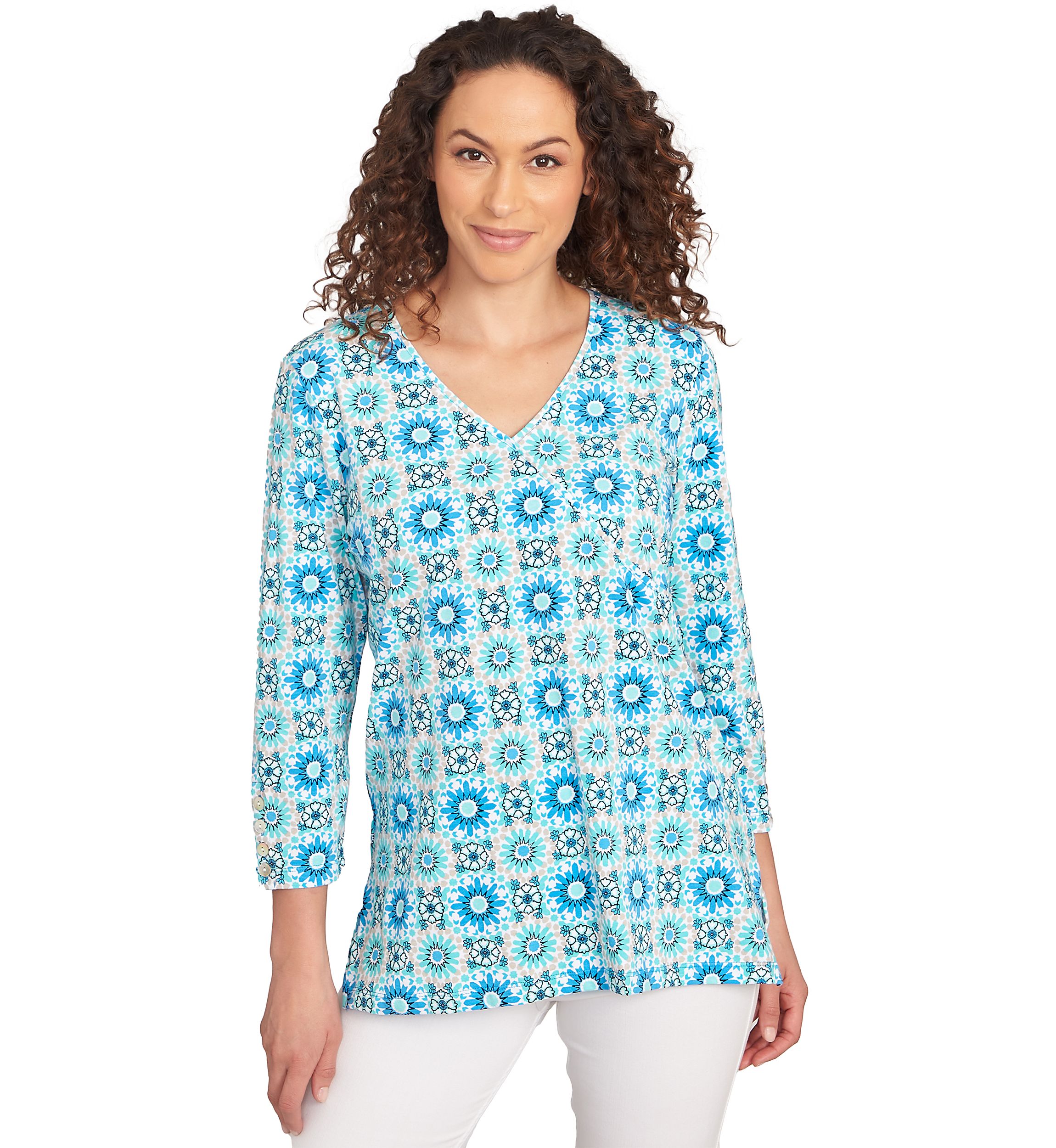 Petite Medallion Tile Floral Faux Surplice Top
