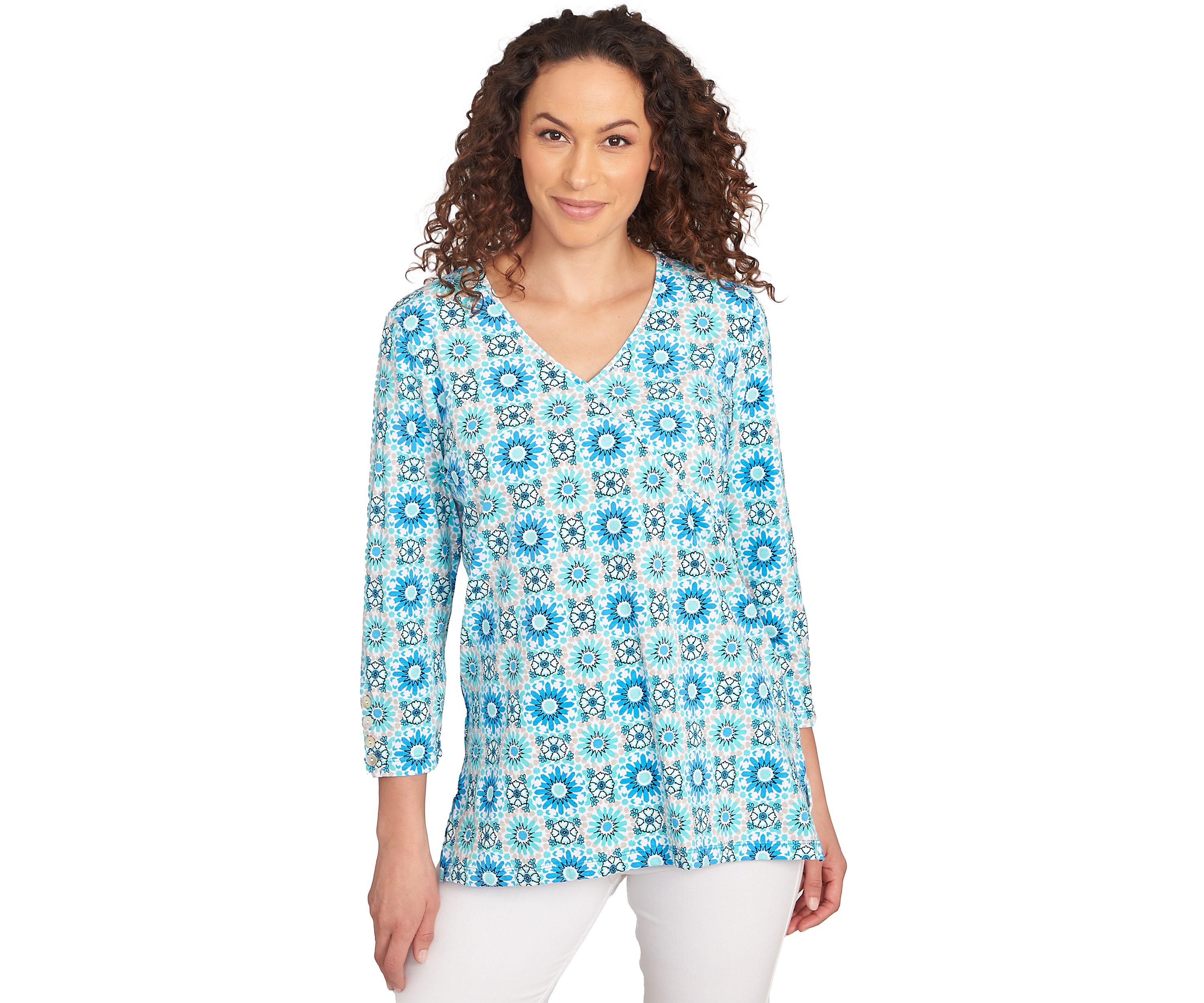 Petite Medallion Tile Floral Faux Surplice Top