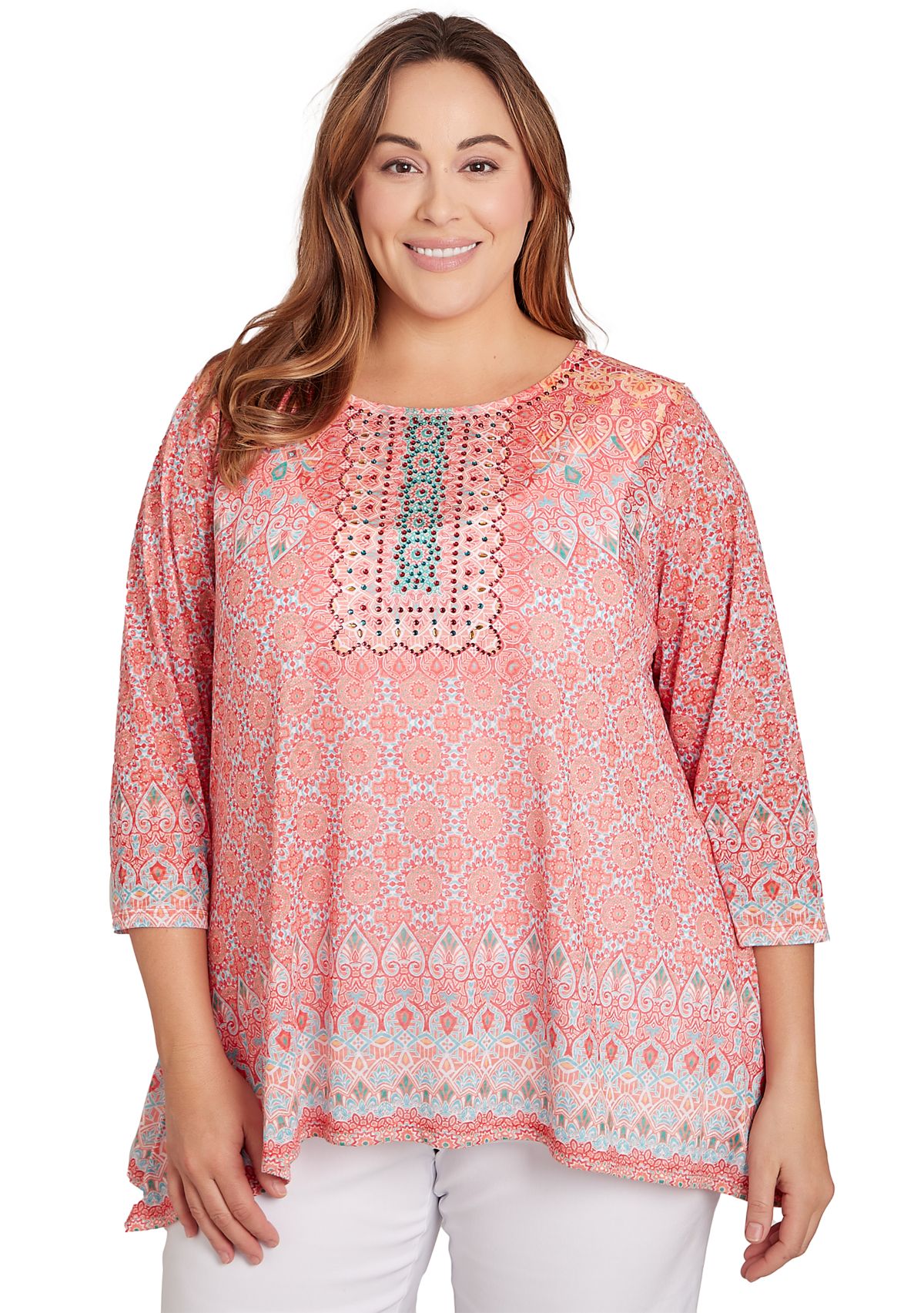 Womens Embellished Geo Print Top