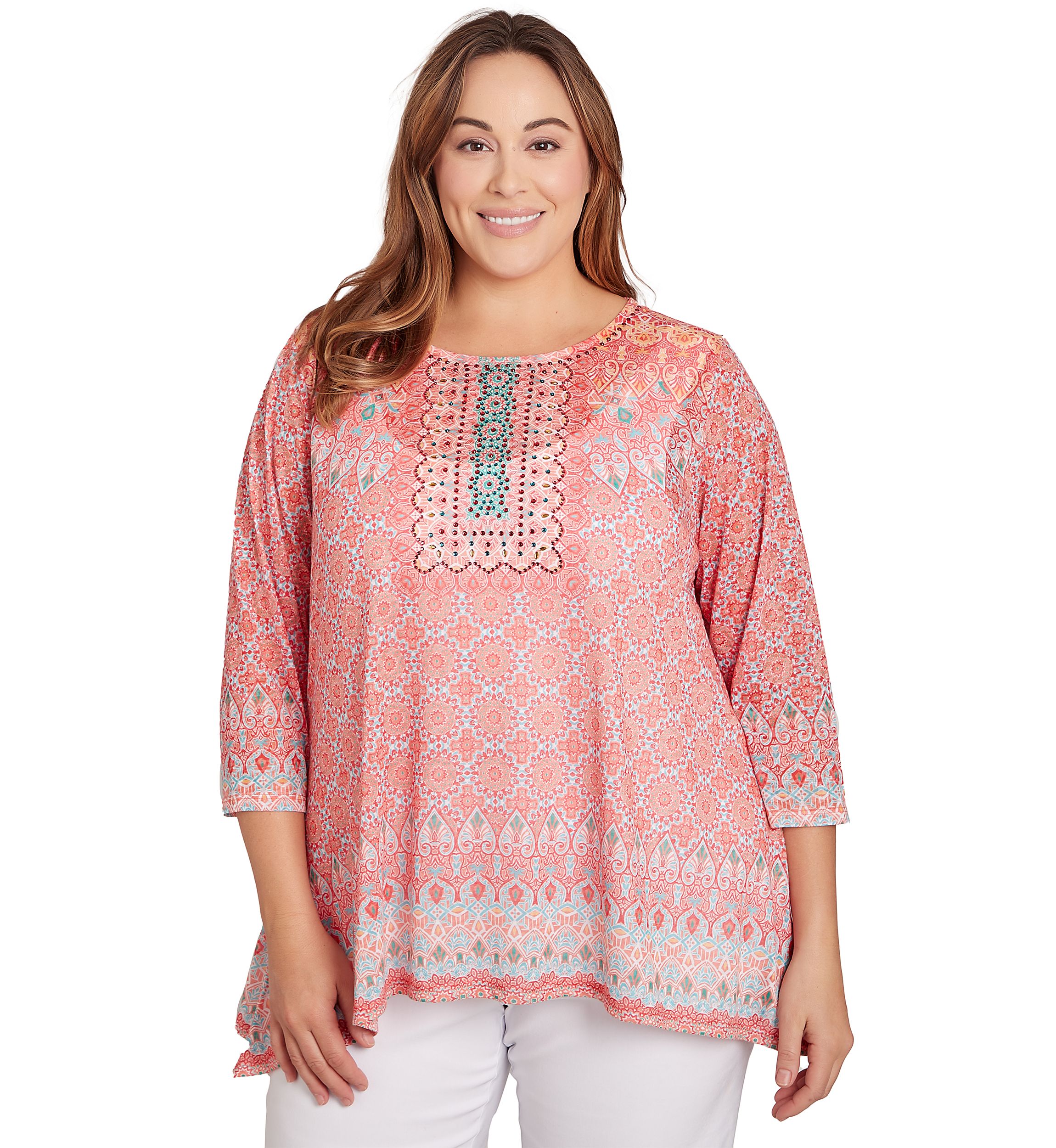 Womens Embellished Geo Print Top
