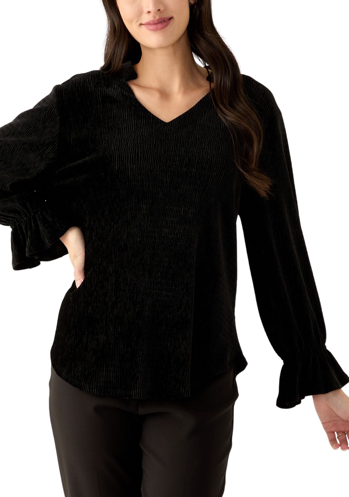 Womens V-Neck Smocked Velvet Top with Three Quarter Gathered Sleeves