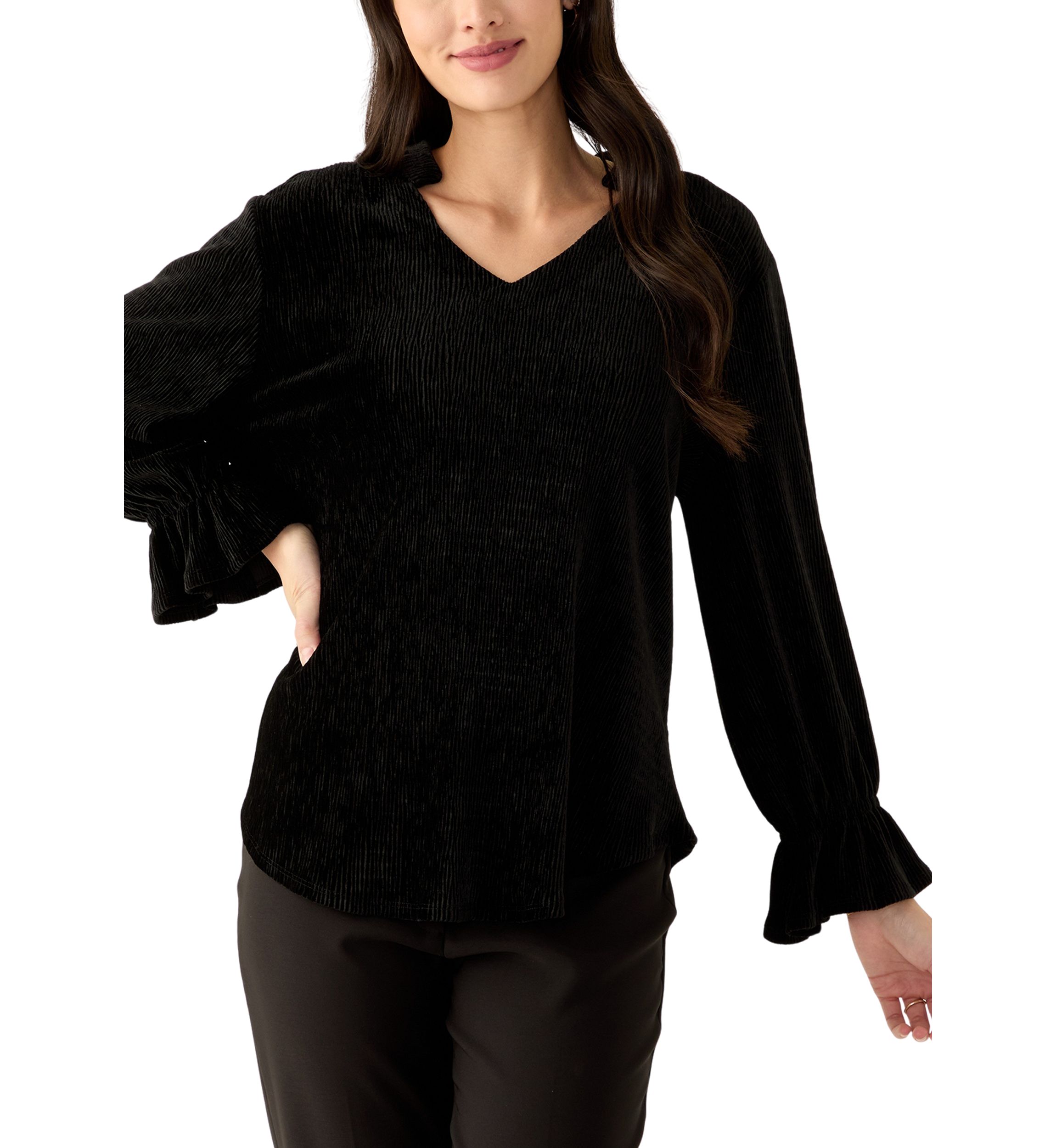 Womens V-Neck Smocked Velvet Top with Three Quarter Gathered Sleeves