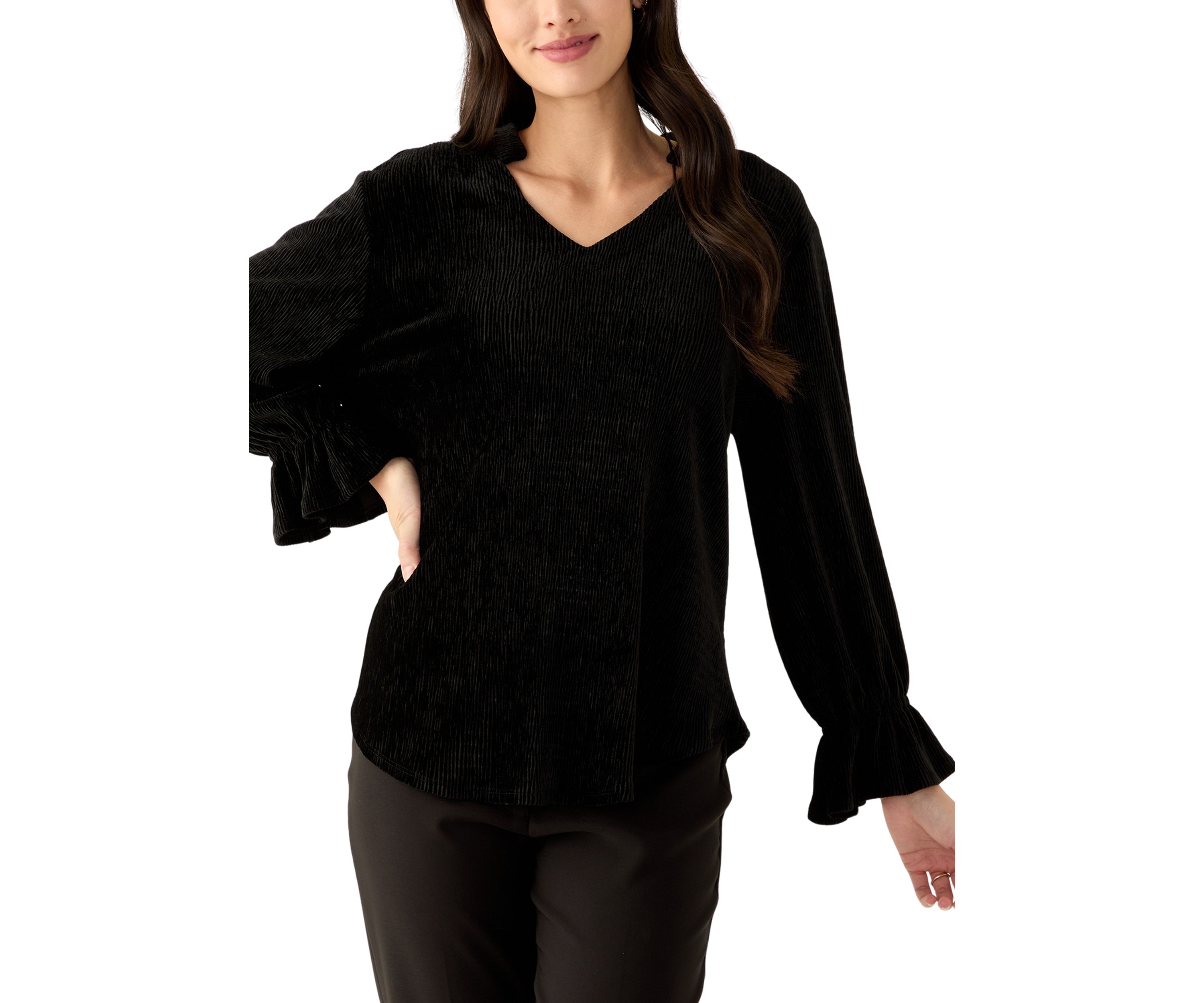 Womens V-Neck Smocked Velvet Top with Three Quarter Gathered Sleeves