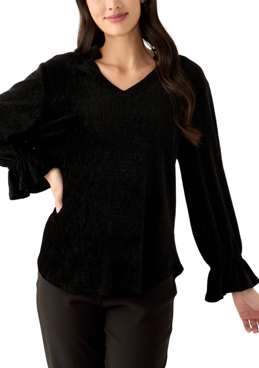 Womens V-Neck Smocked Velvet Top with Three Quarter Gathered Sleeves