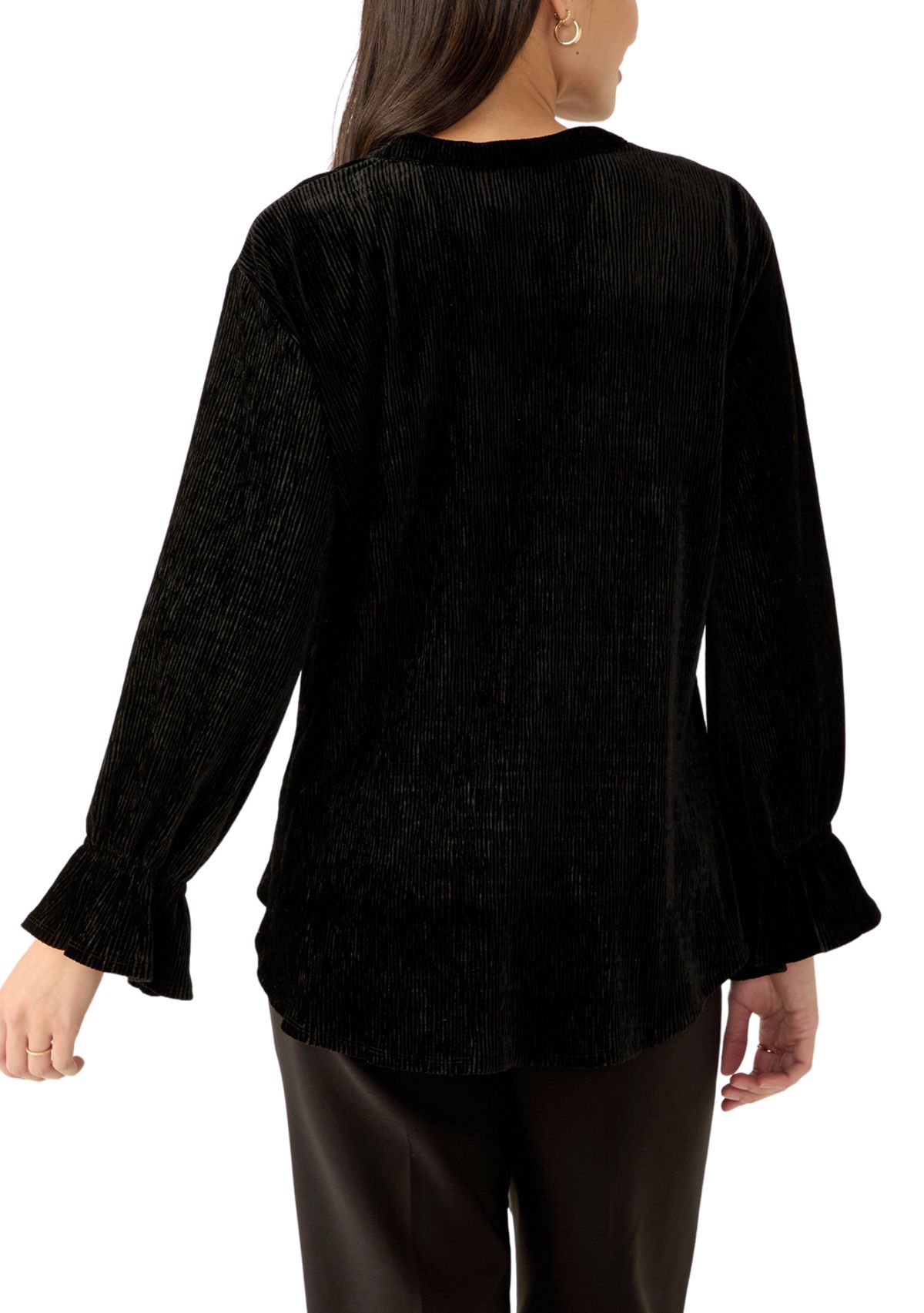 Womens V-Neck Smocked Velvet Top with Three Quarter Gathered Sleeves