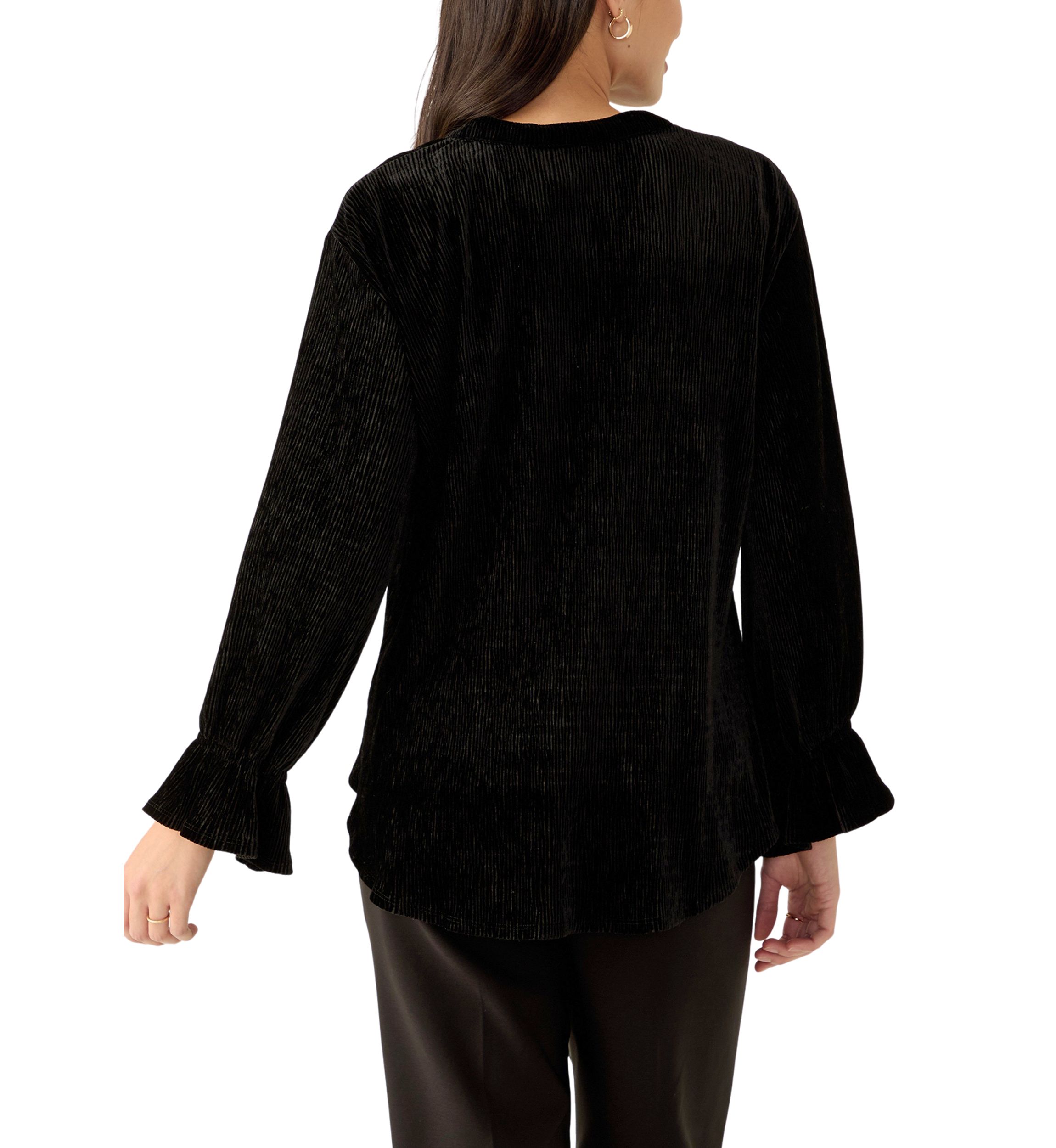 Womens V-Neck Smocked Velvet Top with Three Quarter Gathered Sleeves