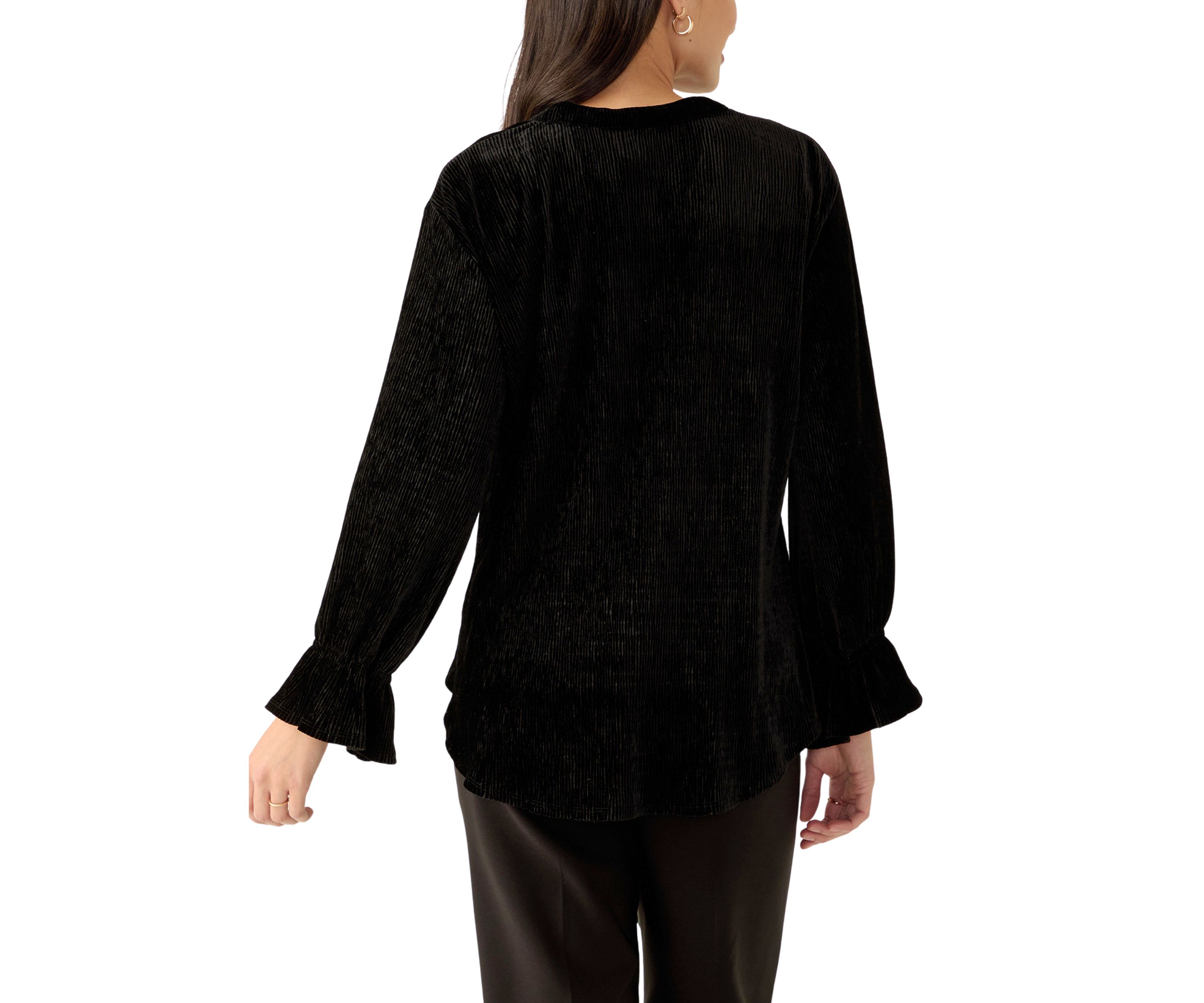 Womens V-Neck Smocked Velvet Top with Three Quarter Gathered Sleeves