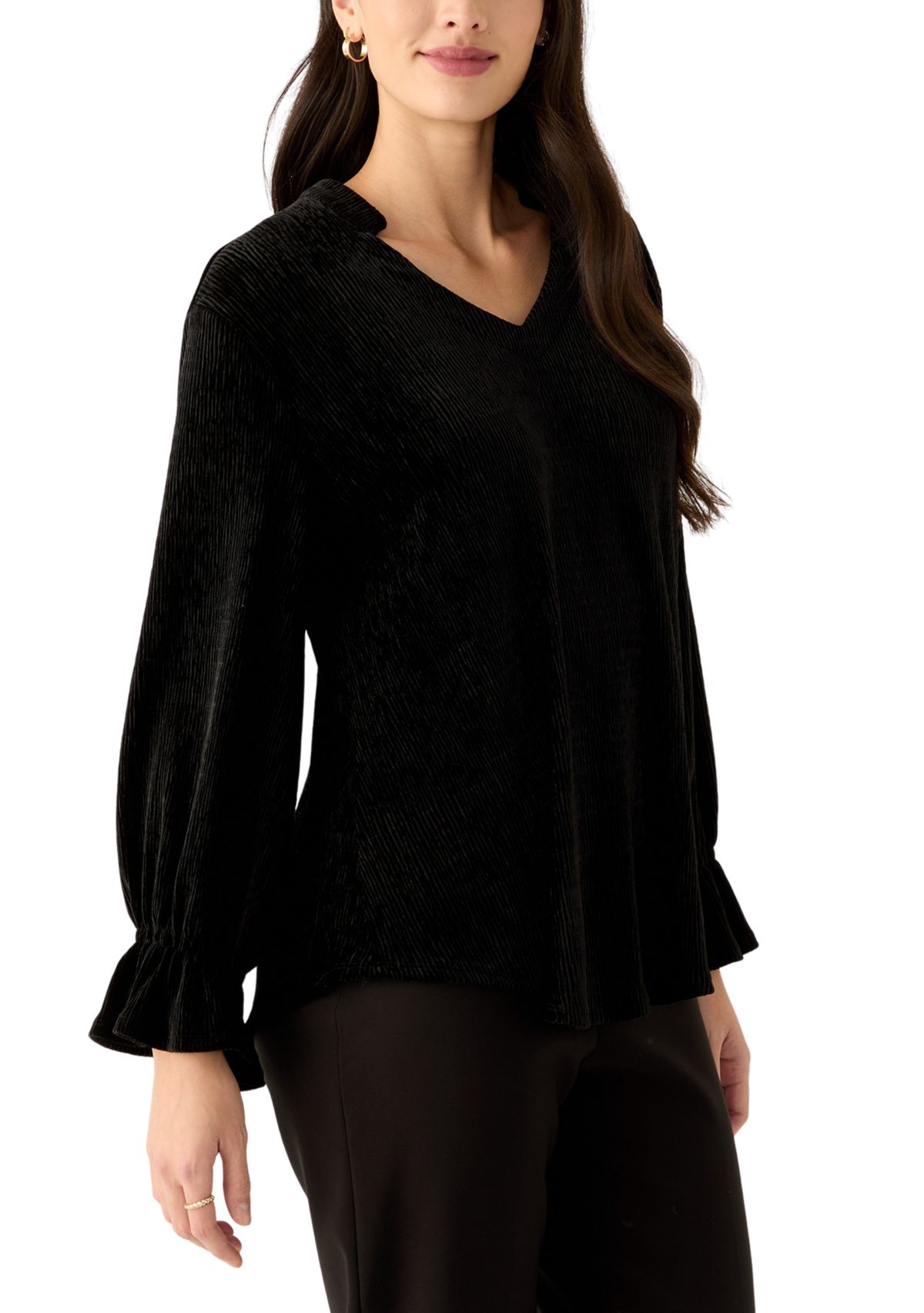 Womens V-Neck Smocked Velvet Top with Three Quarter Gathered Sleeves