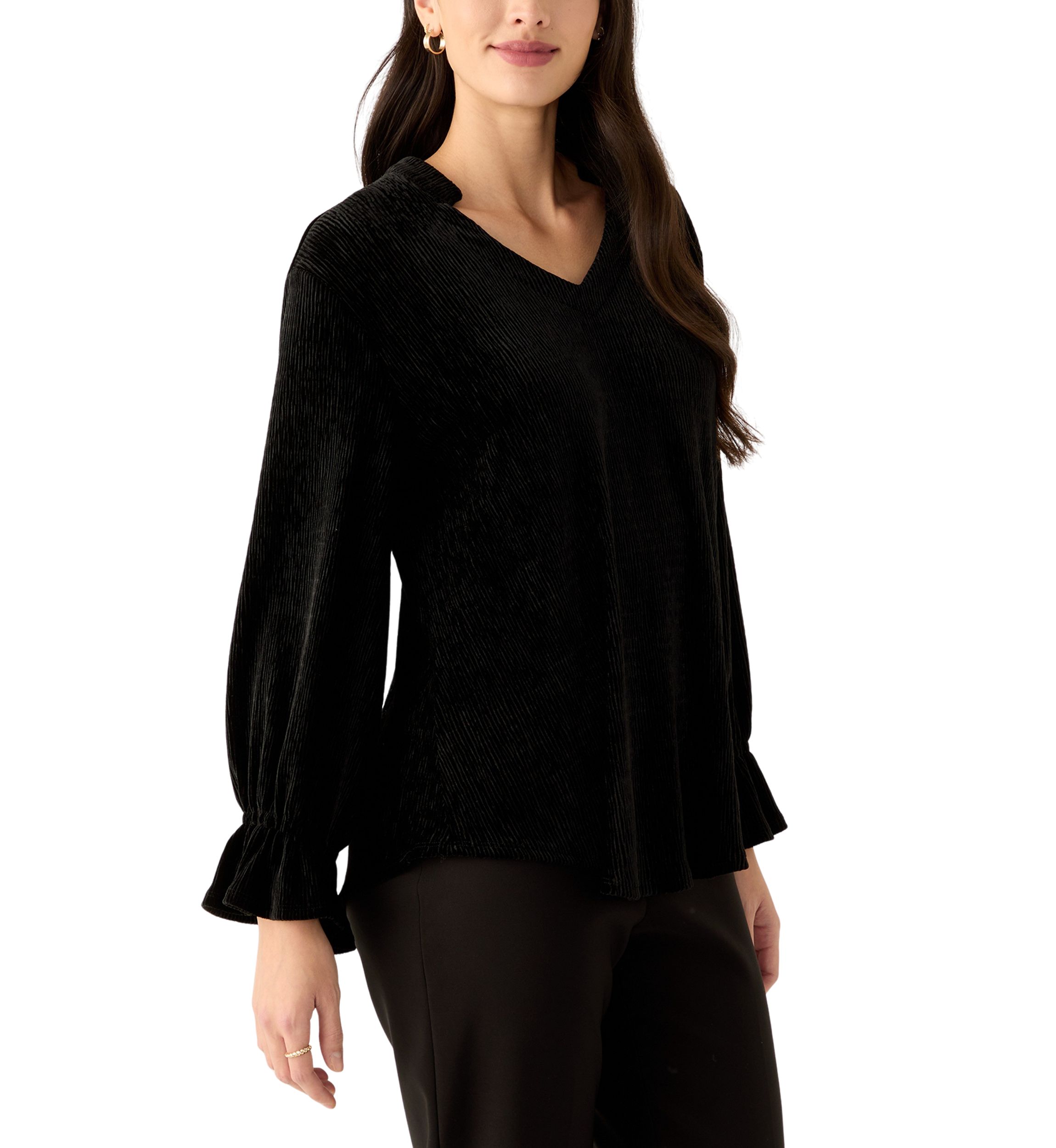 Womens V-Neck Smocked Velvet Top with Three Quarter Gathered Sleeves