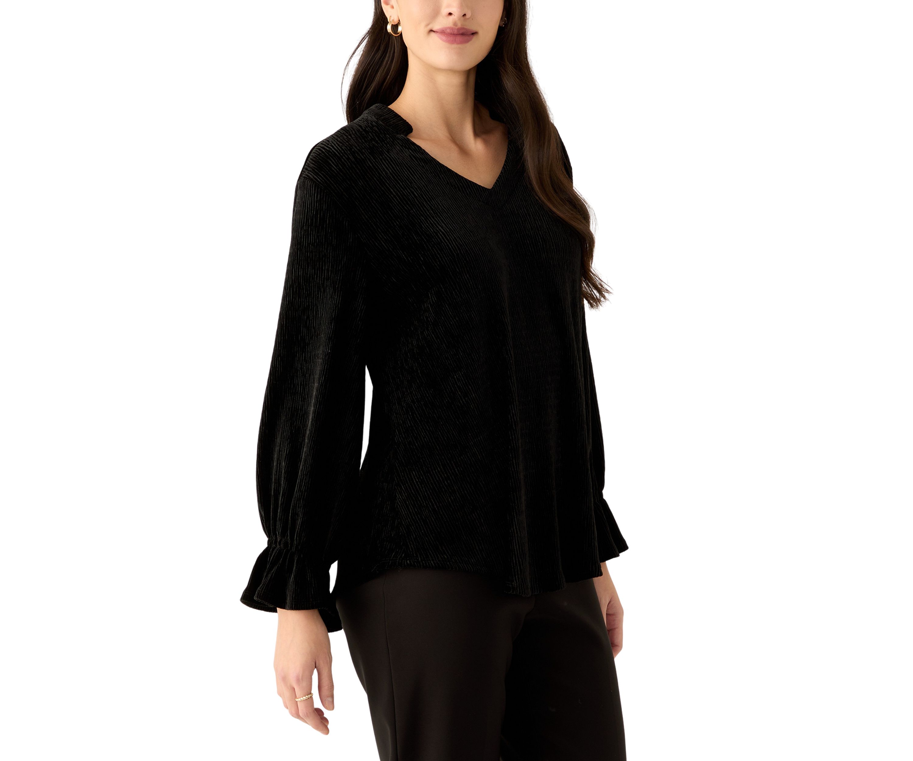 Womens V-Neck Smocked Velvet Top with Three Quarter Gathered Sleeves