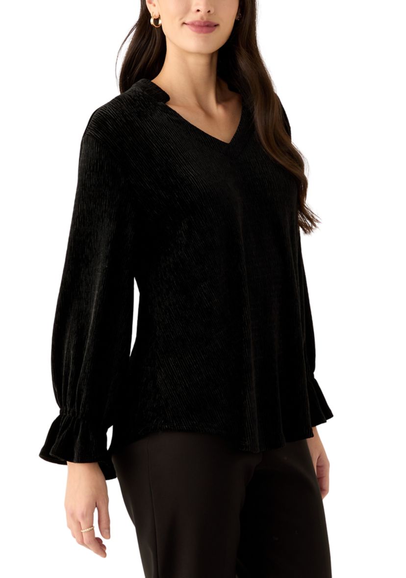 Womens V-Neck Smocked Velvet Top with Three Quarter Gathered Sleeves