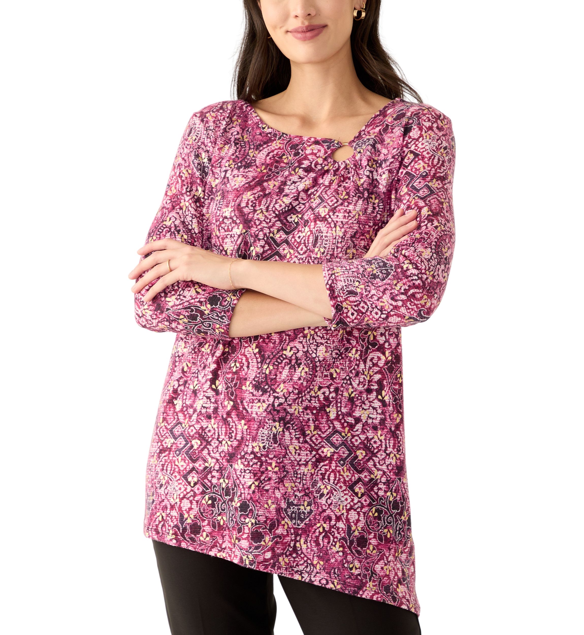 Womens Ring Neck Medallion Print Hatchi Knit Top With Asymmetric Hem