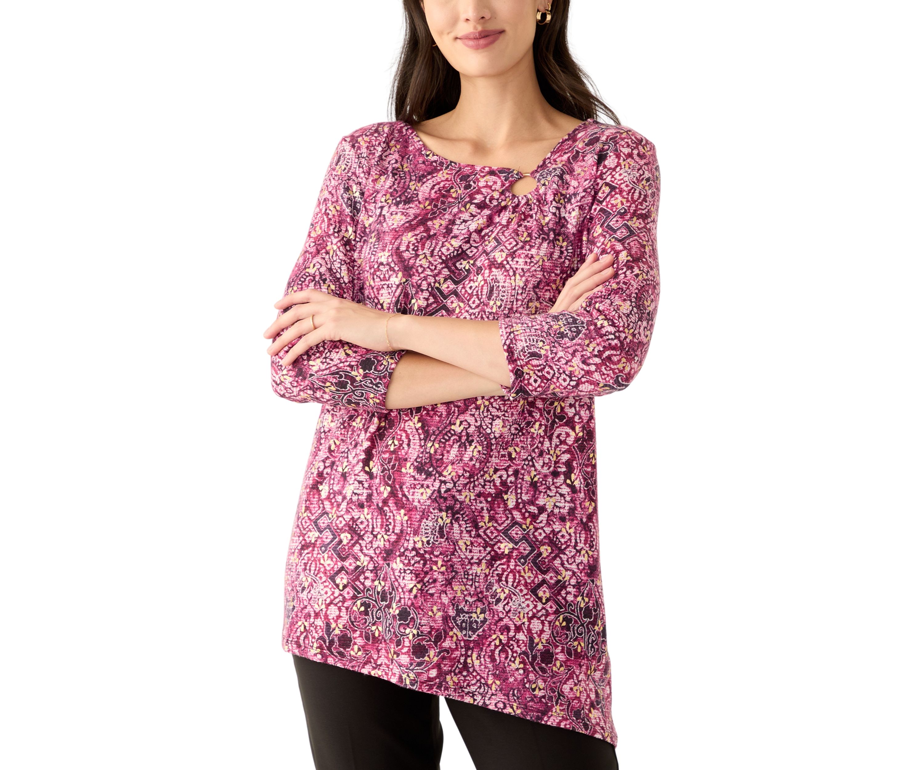 Womens Ring Neck Medallion Print Hatchi Knit Top With Asymmetric Hem