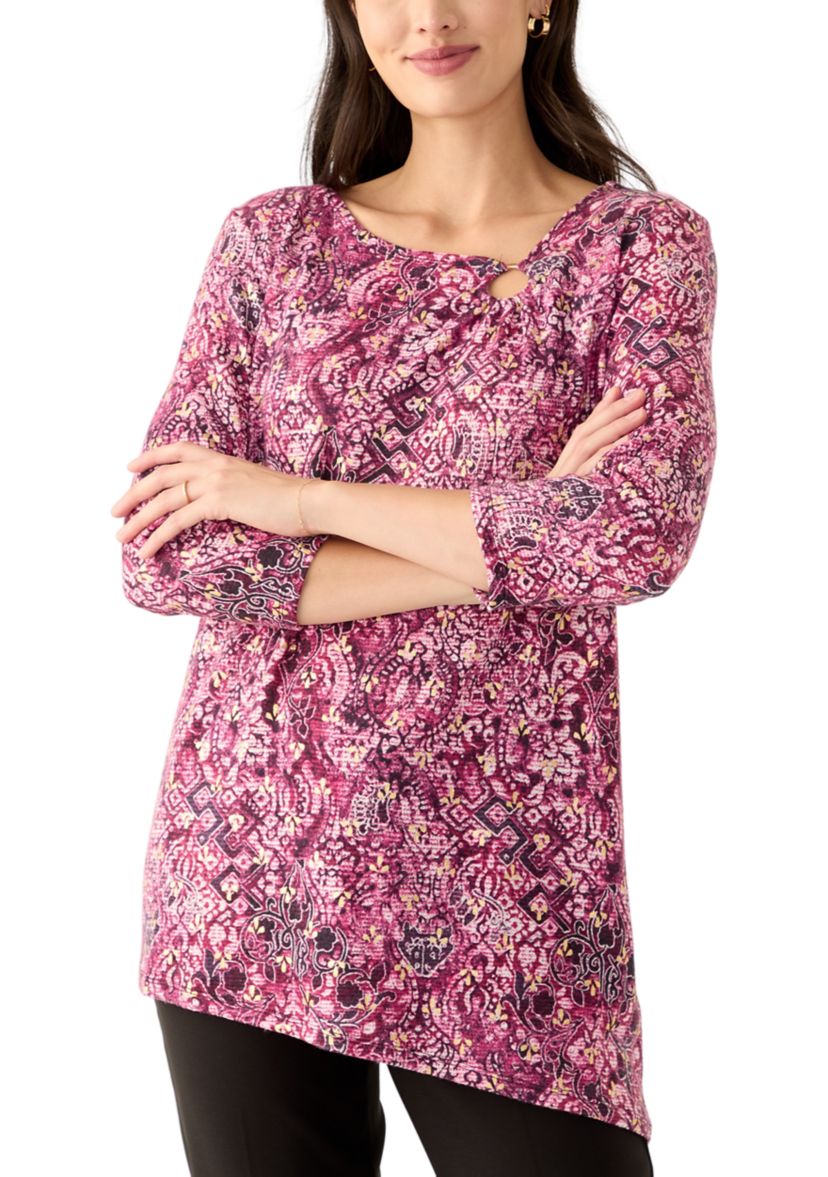 Womens Ring Neck Medallion Print Hatchi Knit Top With Asymmetric Hem