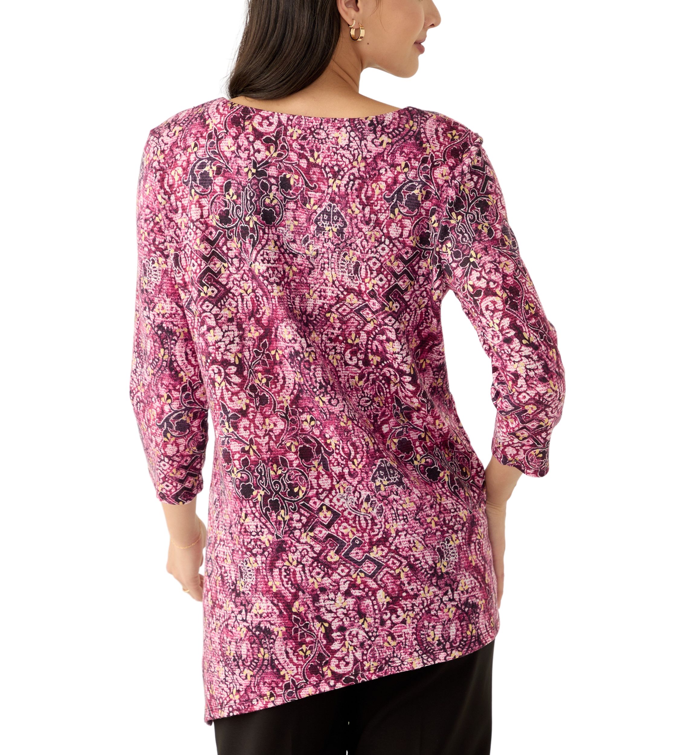 Womens Ring Neck Medallion Print Hatchi Knit Top With Asymmetric Hem