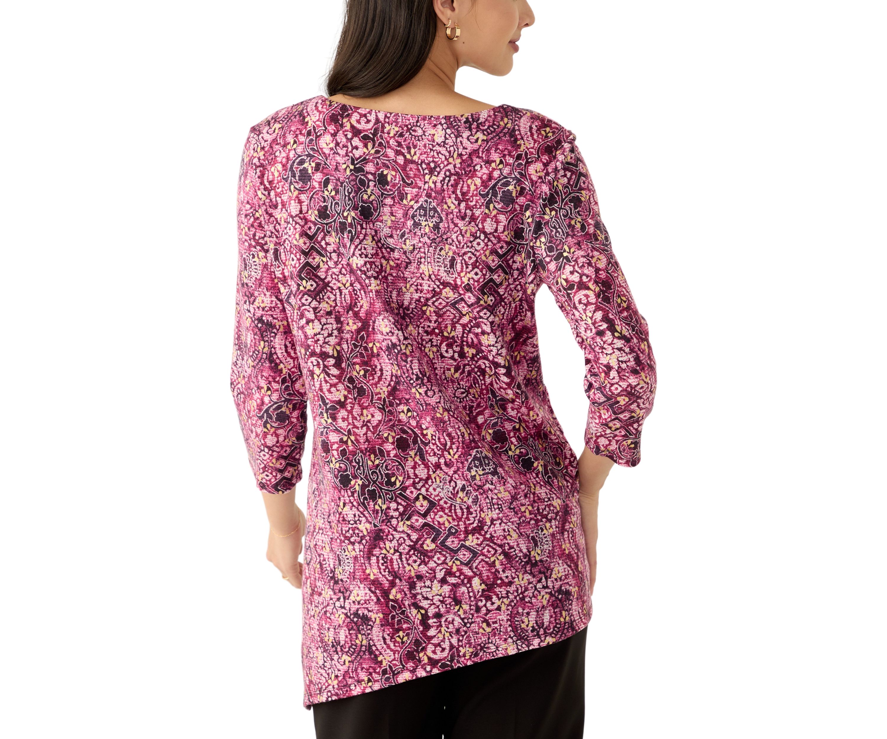 Womens Ring Neck Medallion Print Hatchi Knit Top With Asymmetric Hem