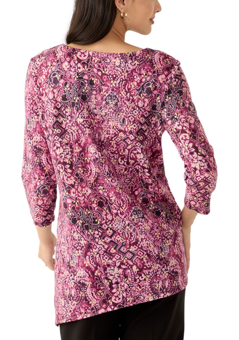 Womens Ring Neck Medallion Print Hatchi Knit Top With Asymmetric Hem