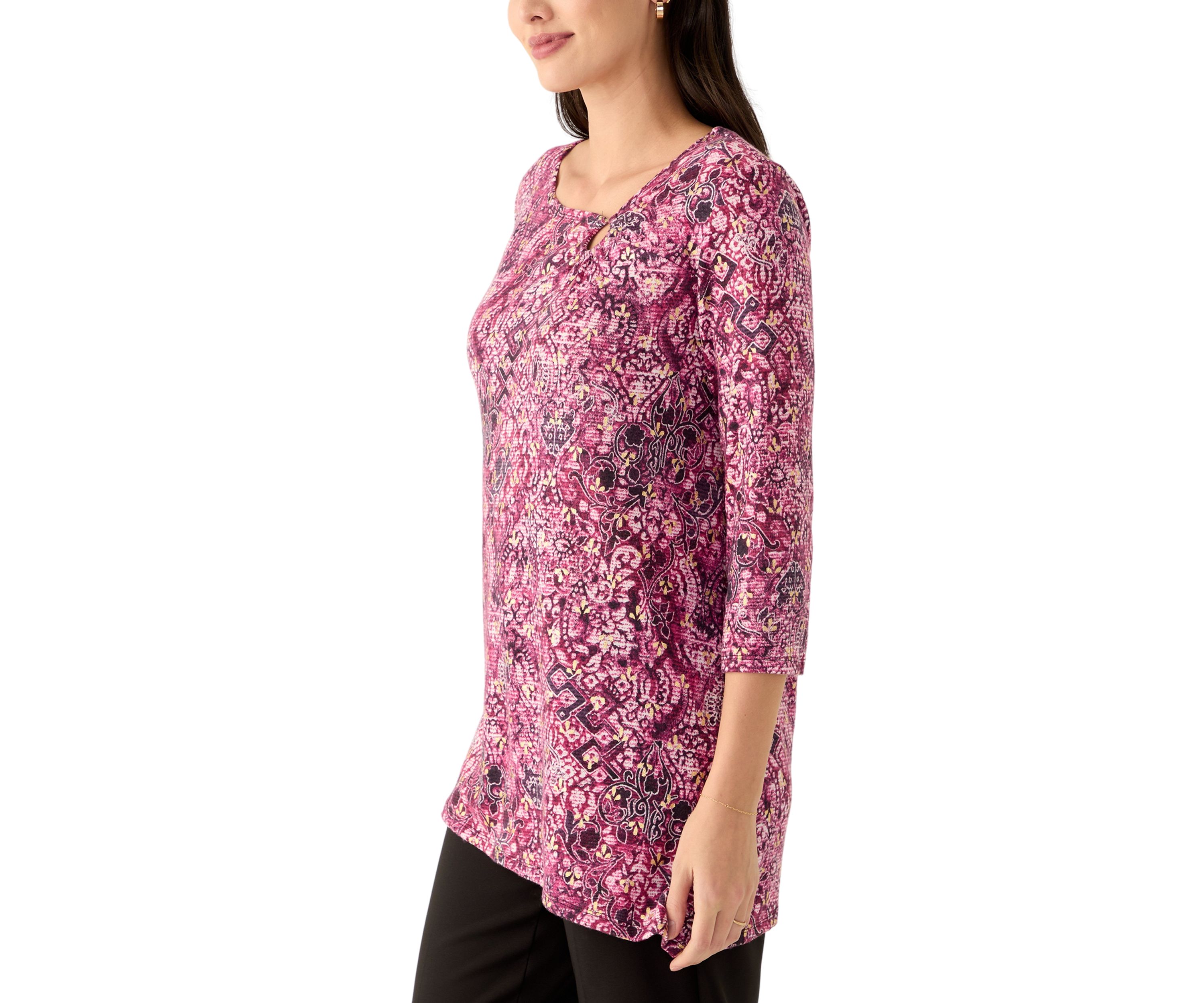 Womens Ring Neck Medallion Print Hatchi Knit Top With Asymmetric Hem