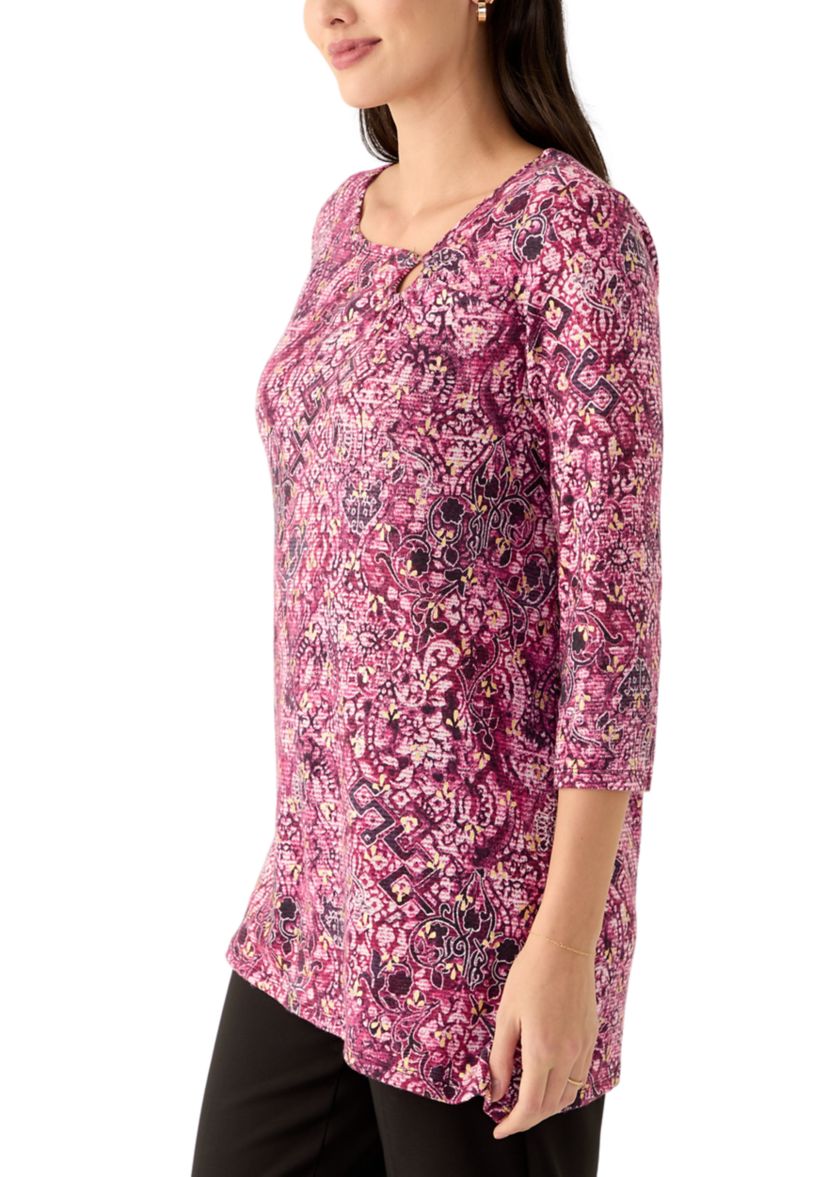 Womens Ring Neck Medallion Print Hatchi Knit Top With Asymmetric Hem
