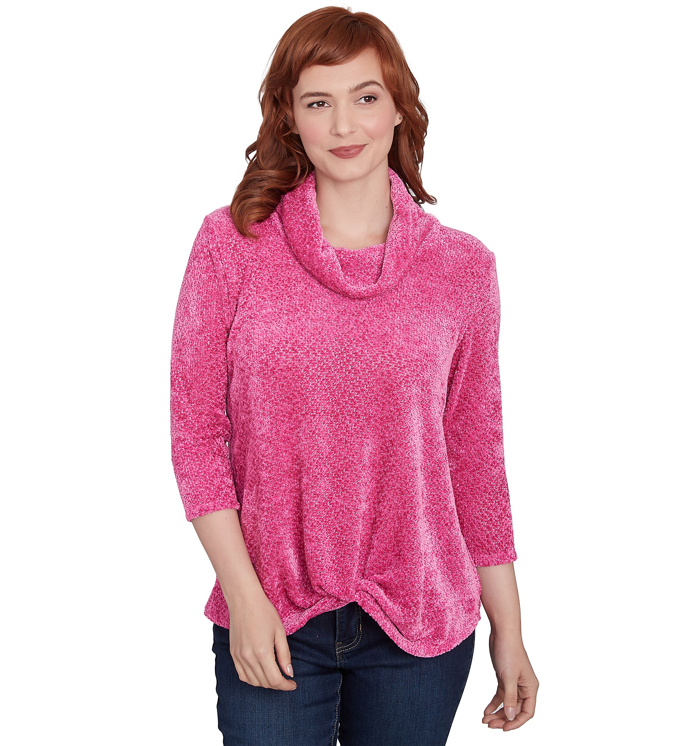 Womens Cowl Neck Chenille Shine Knit Top with Twist Front
