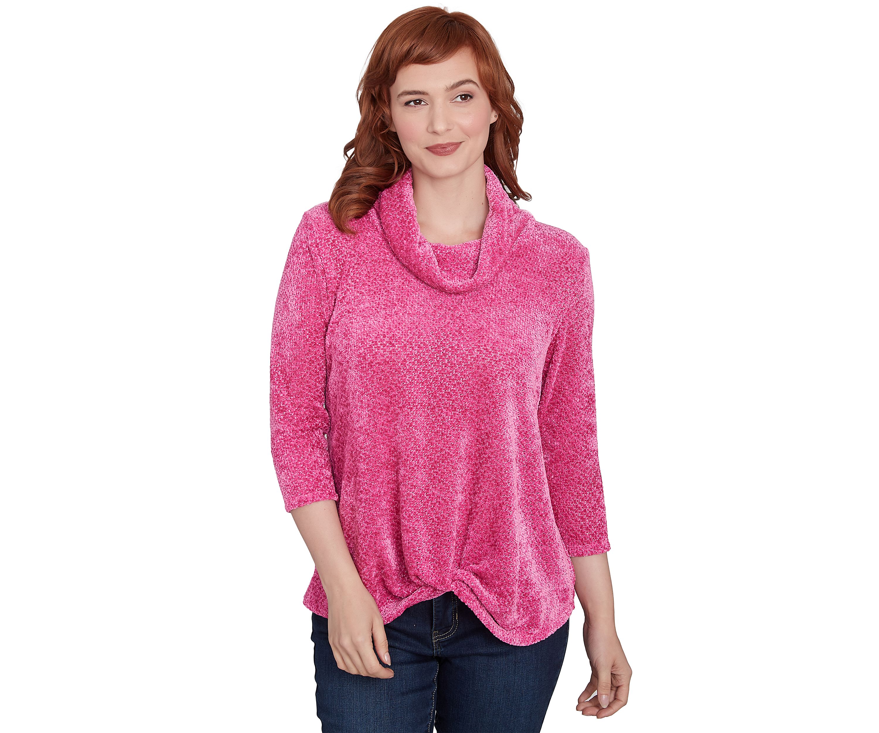 Womens Cowl Neck Chenille Shine Knit Top with Twist Front