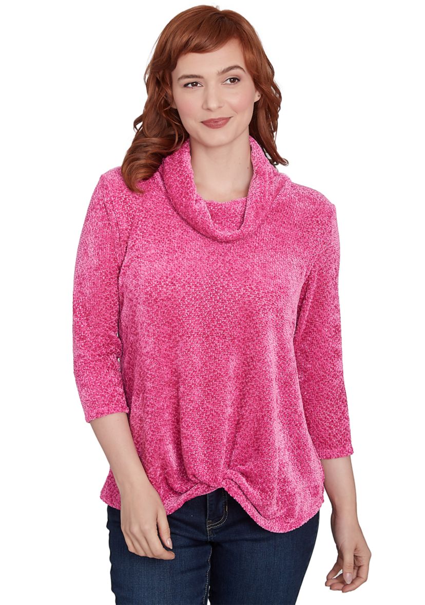 Womens Cowl Neck Chenille Shine Knit Top with Twist Front