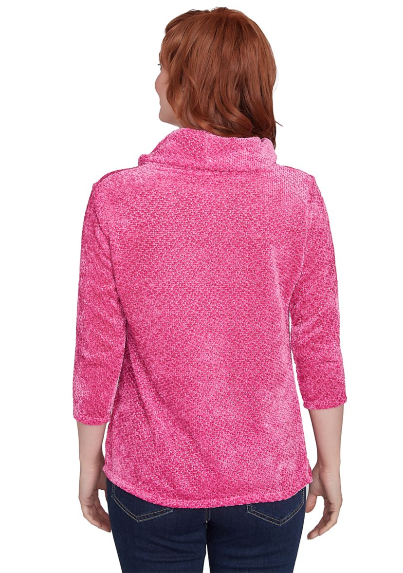 Womens Cowl Neck Chenille Shine Knit Top with Twist Front
