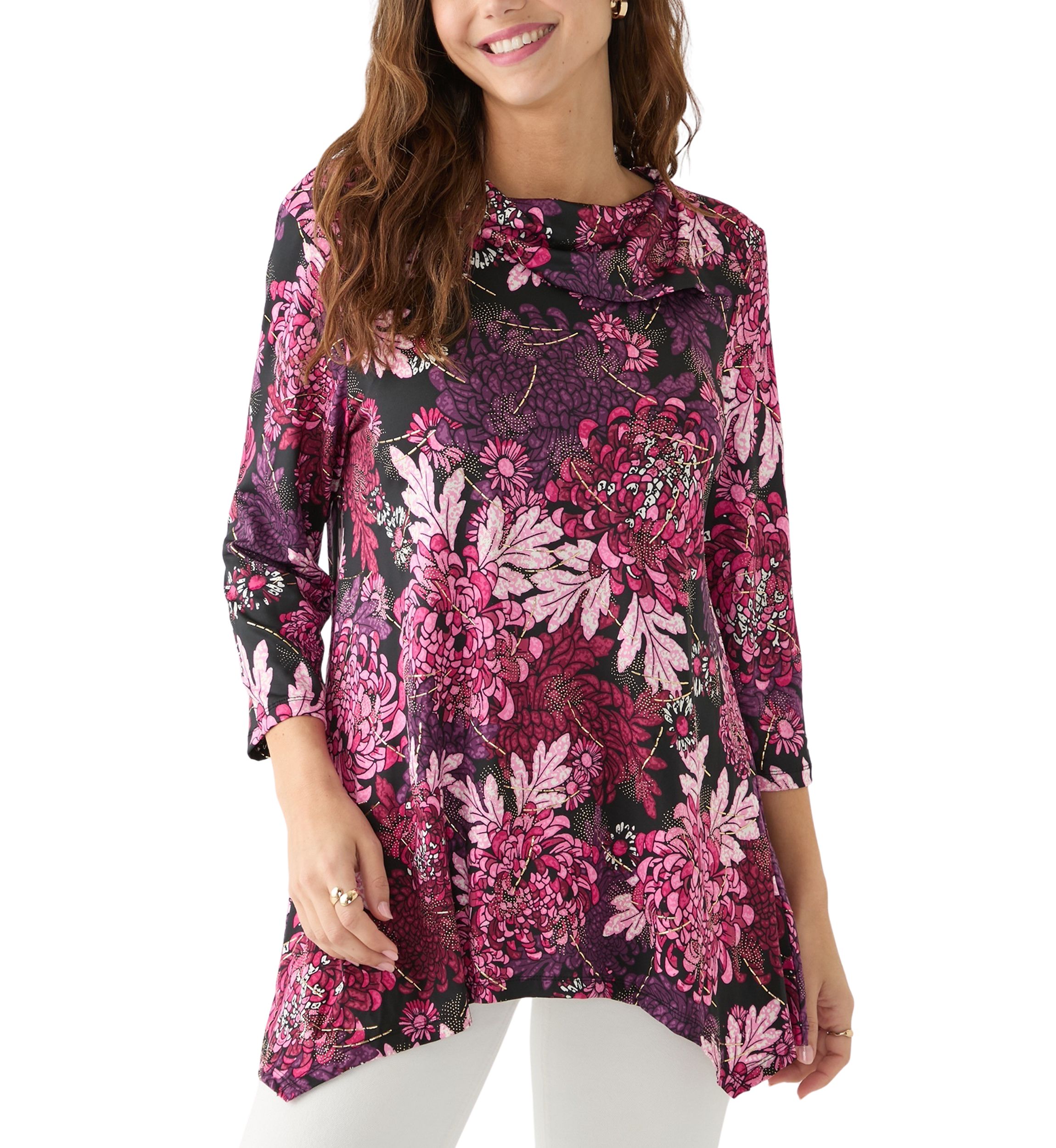 Womens Split Cowl Neck Bold Blooms Dew Drop Printed Knit Shark Bite Top