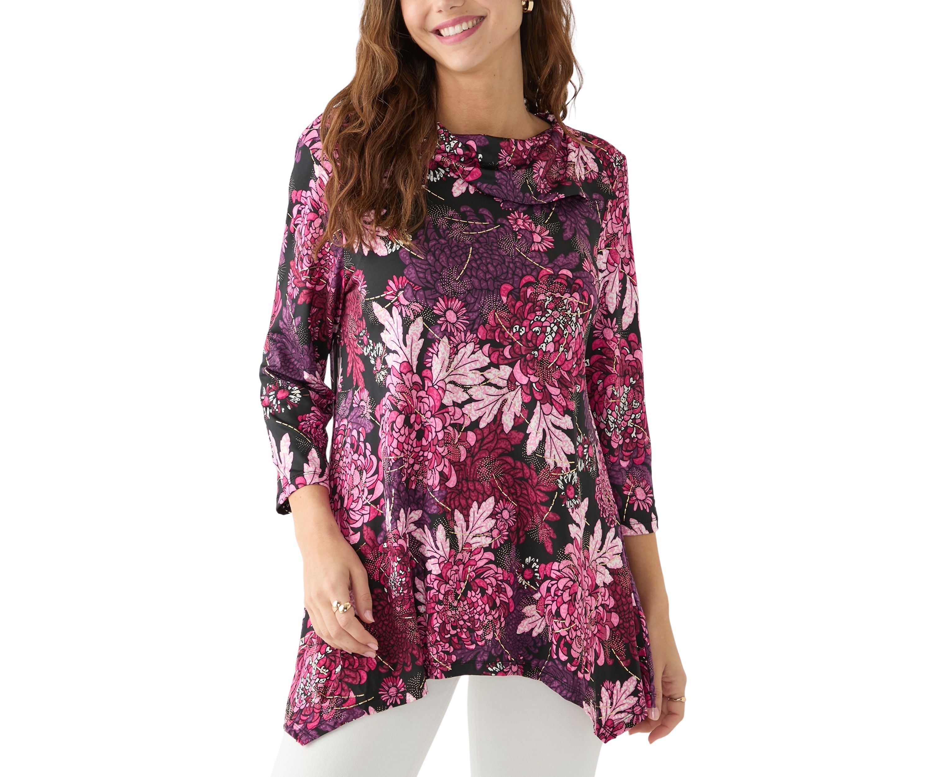 Womens Split Cowl Neck Bold Blooms Dew Drop Printed Knit Shark Bite Top