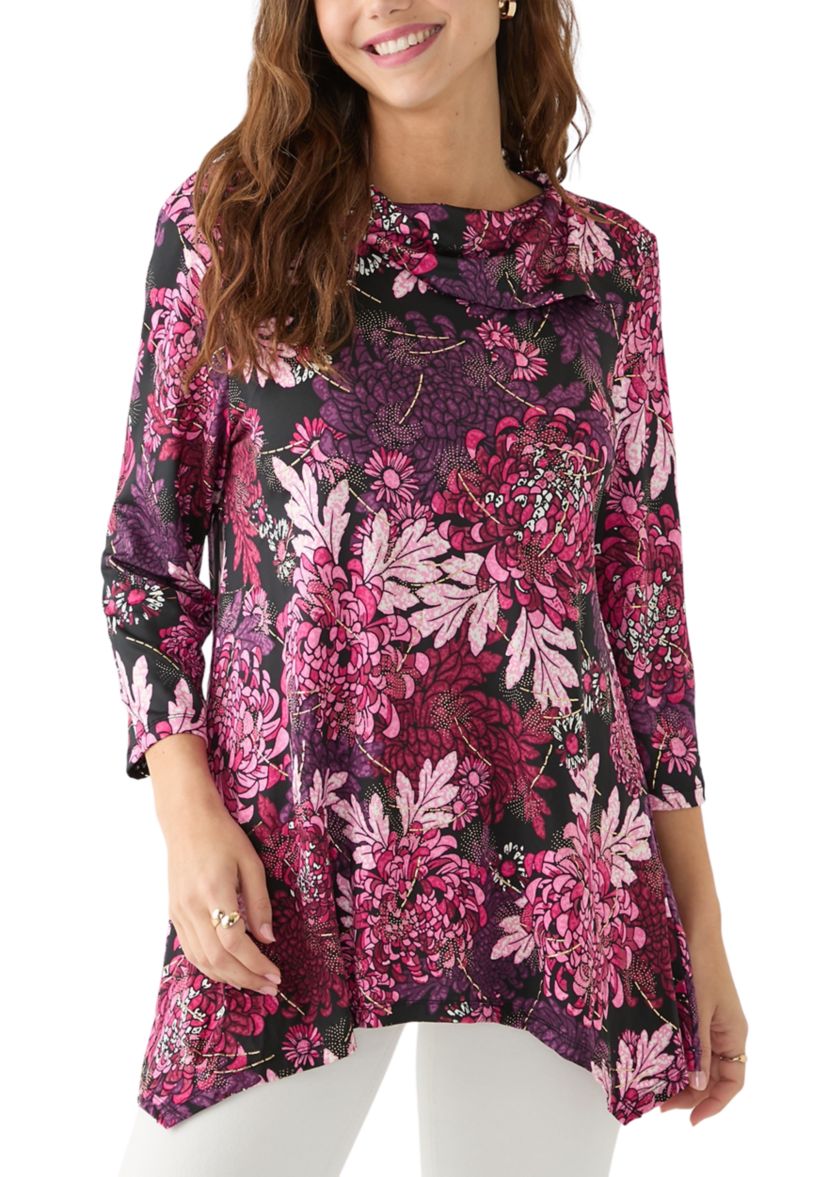 Womens Split Cowl Neck Bold Blooms Dew Drop Printed Knit Shark Bite Top
