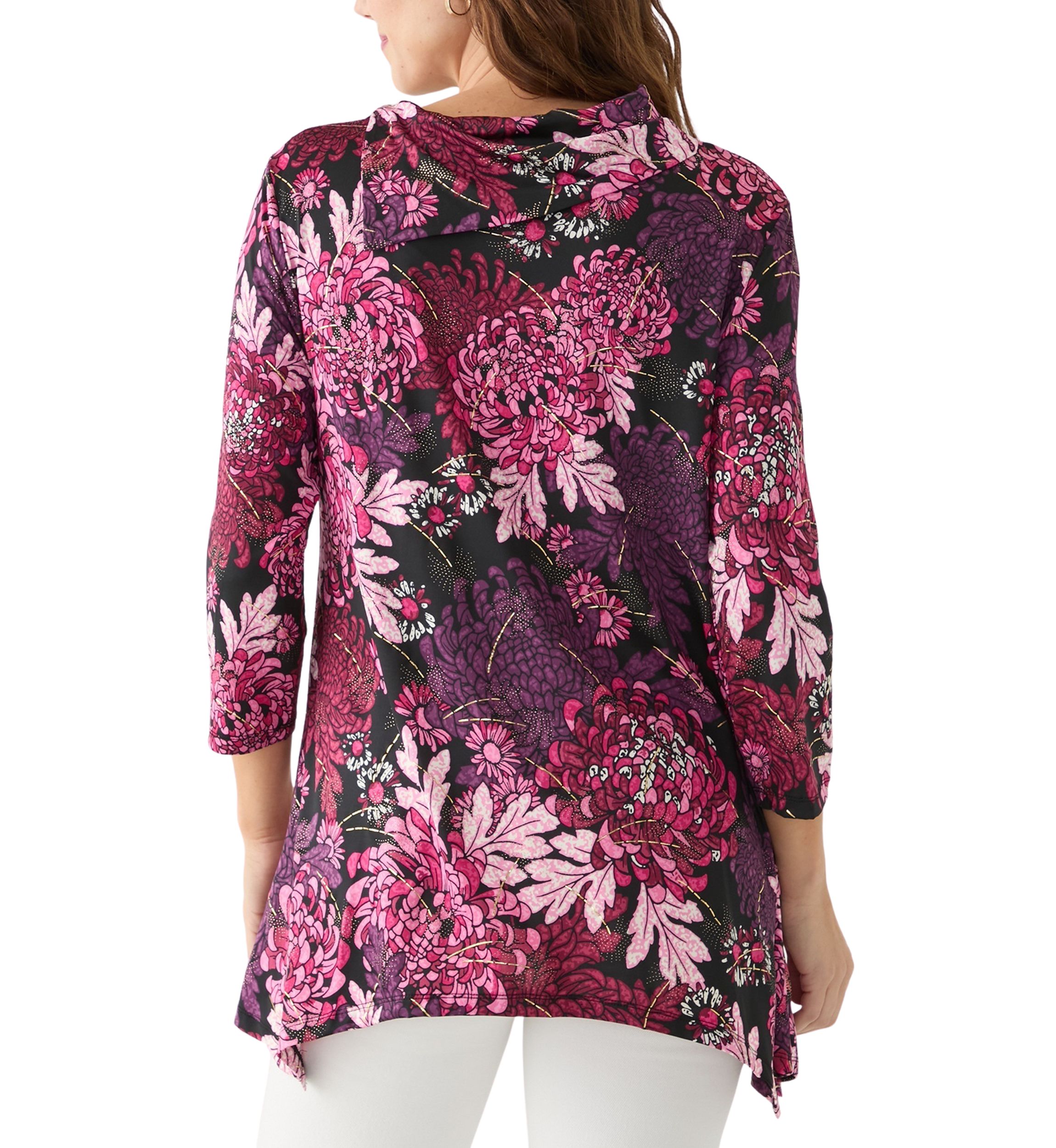 Womens Split Cowl Neck Bold Blooms Dew Drop Printed Knit Shark Bite Top
