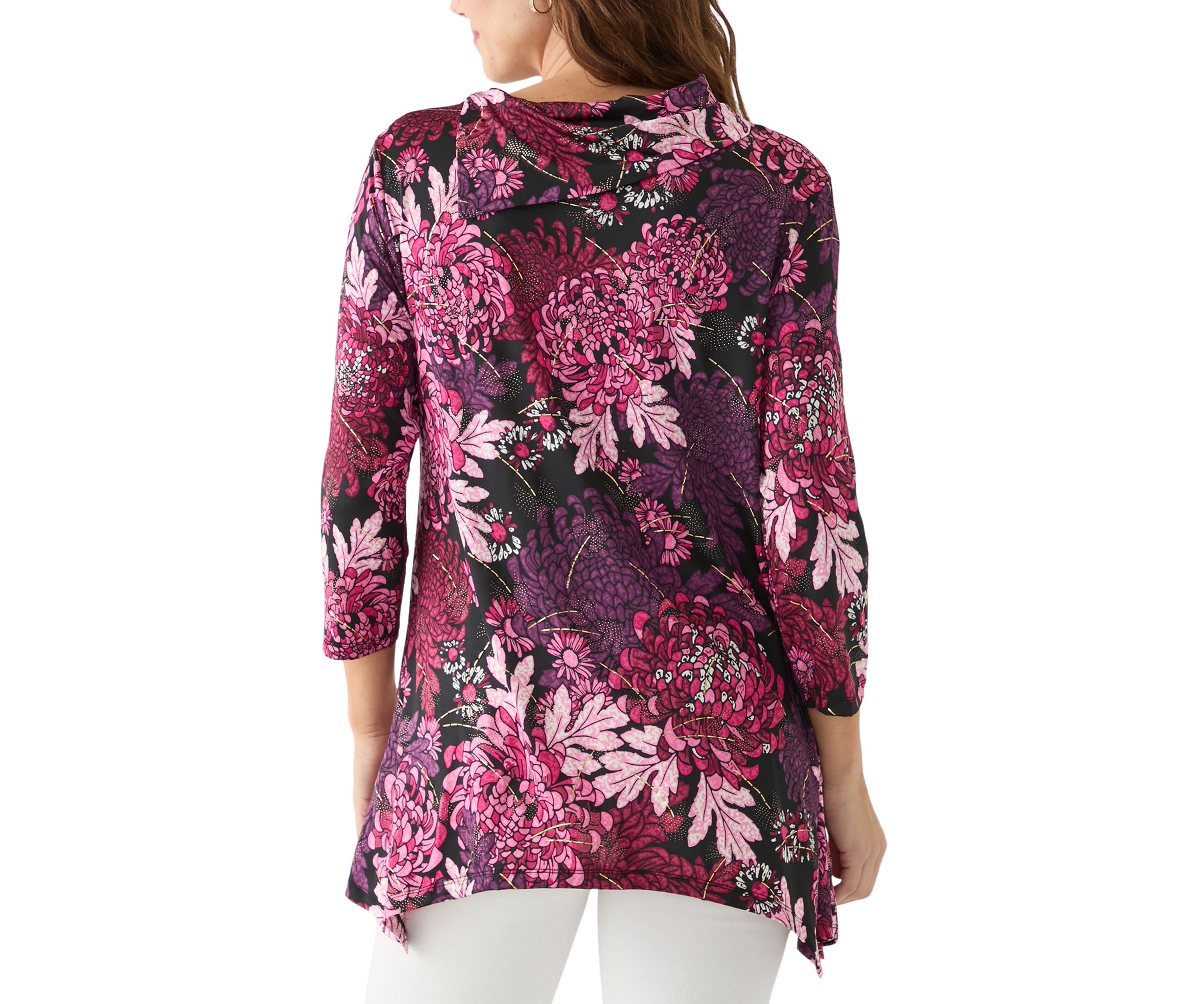 Womens Split Cowl Neck Bold Blooms Dew Drop Printed Knit Shark Bite Top
