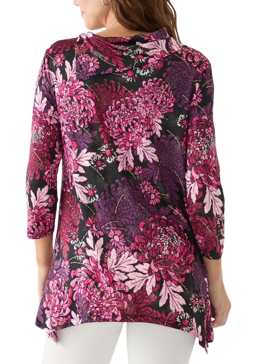 Womens Split Cowl Neck Bold Blooms Dew Drop Printed Knit Shark Bite Top