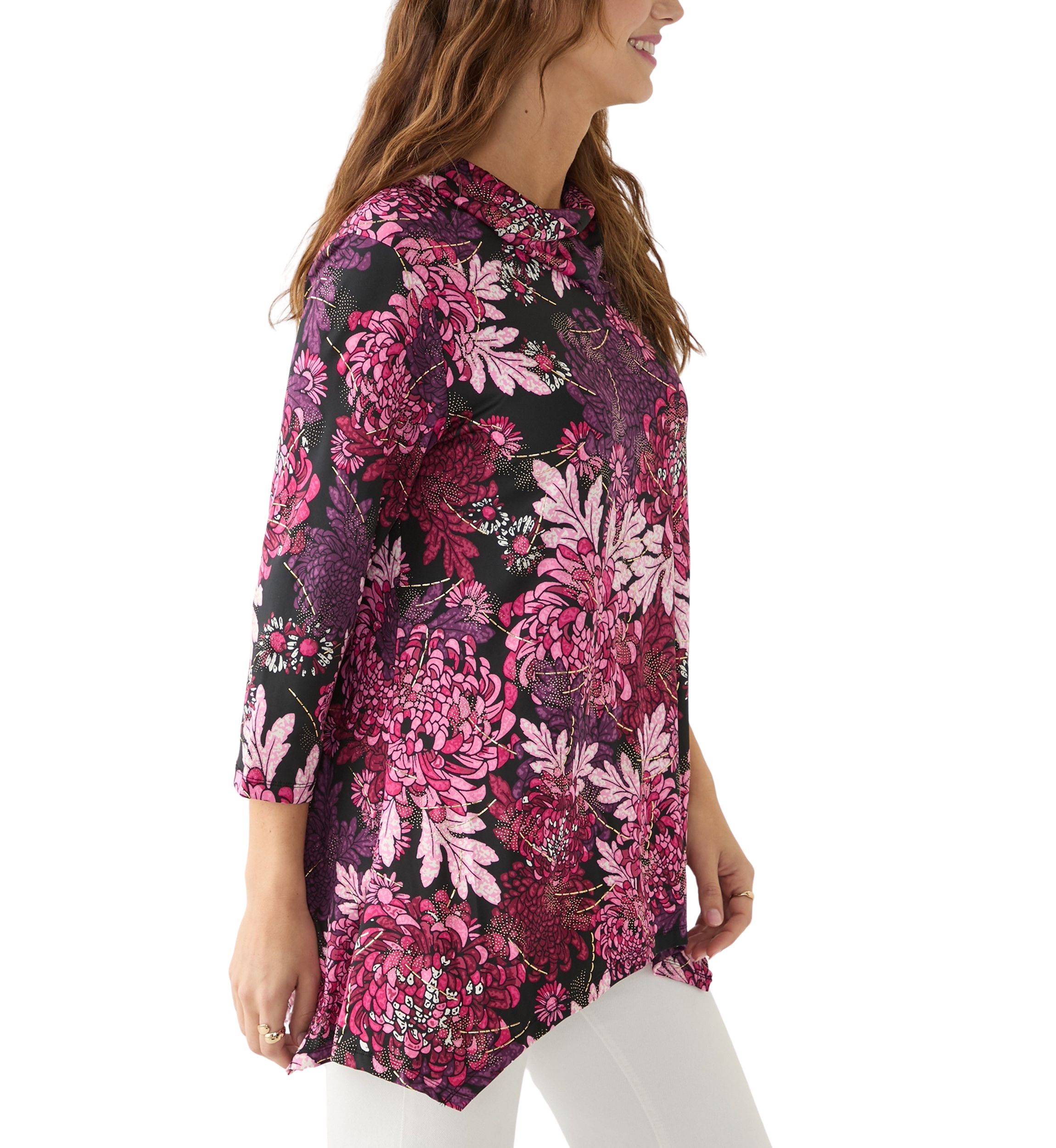 Womens Split Cowl Neck Bold Blooms Dew Drop Printed Knit Shark Bite Top