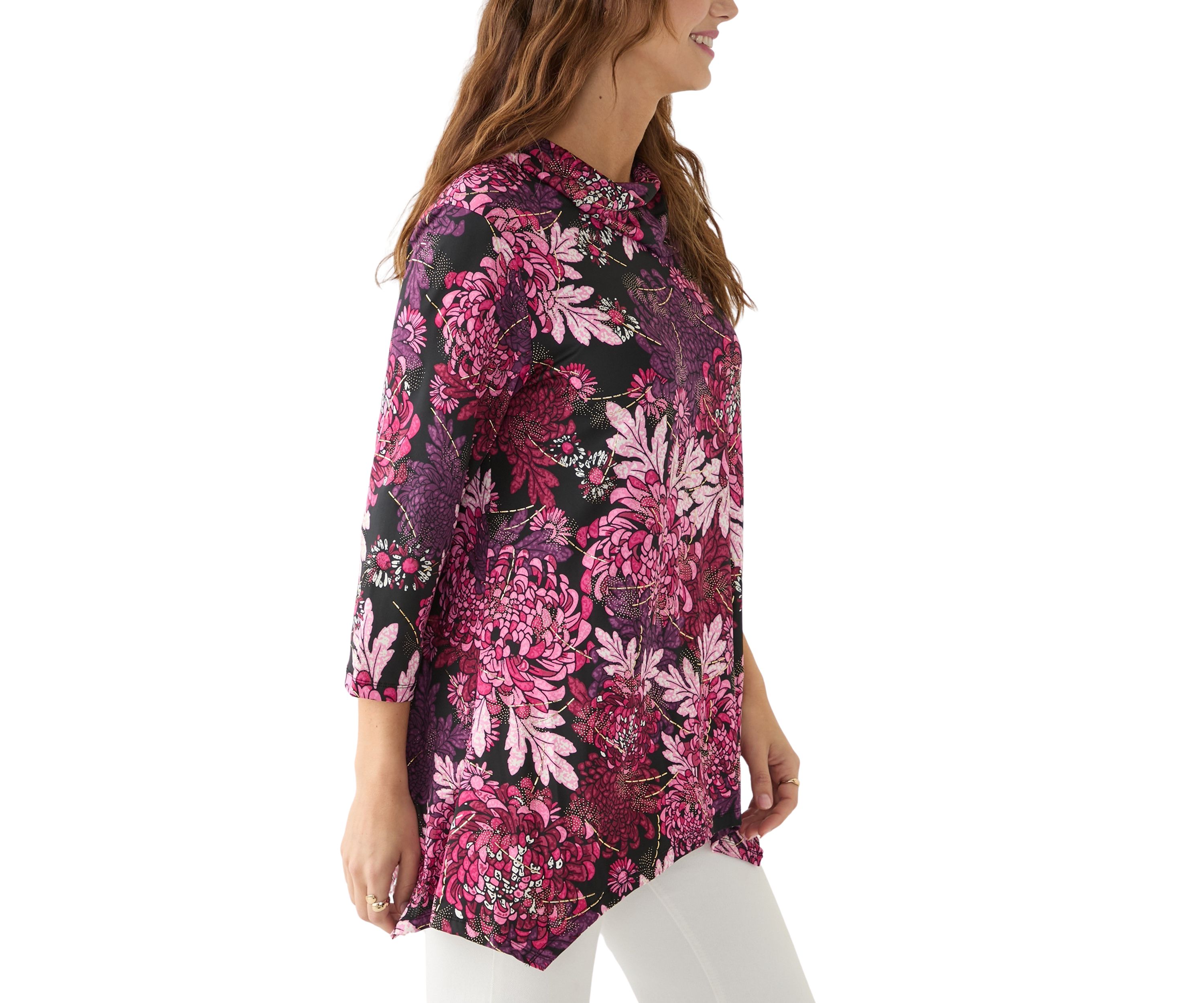 Womens Split Cowl Neck Bold Blooms Dew Drop Printed Knit Shark Bite Top