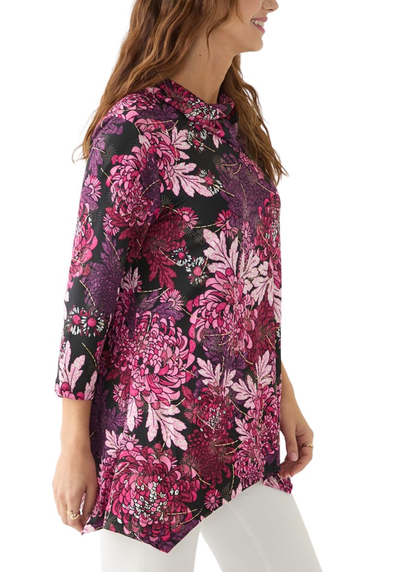 Womens Split Cowl Neck Bold Blooms Dew Drop Printed Knit Shark Bite Top