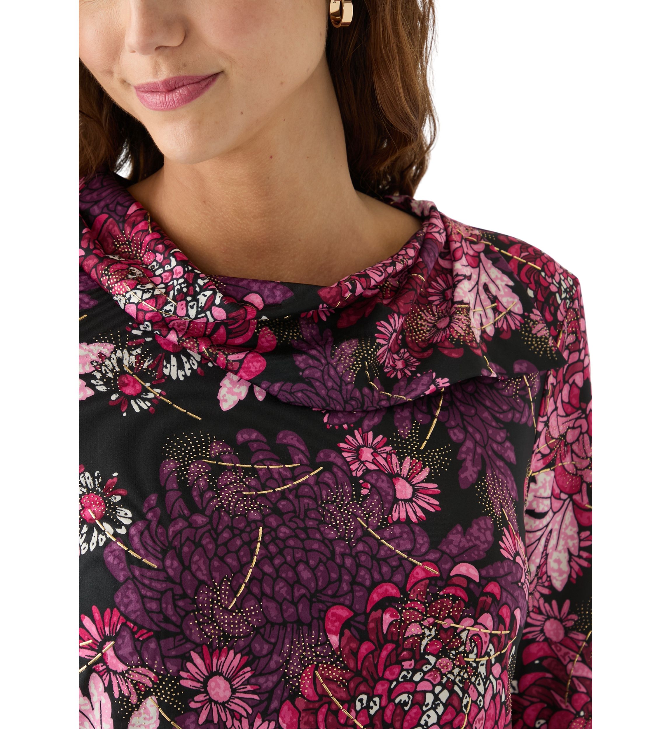 Womens Split Cowl Neck Bold Blooms Dew Drop Printed Knit Shark Bite Top