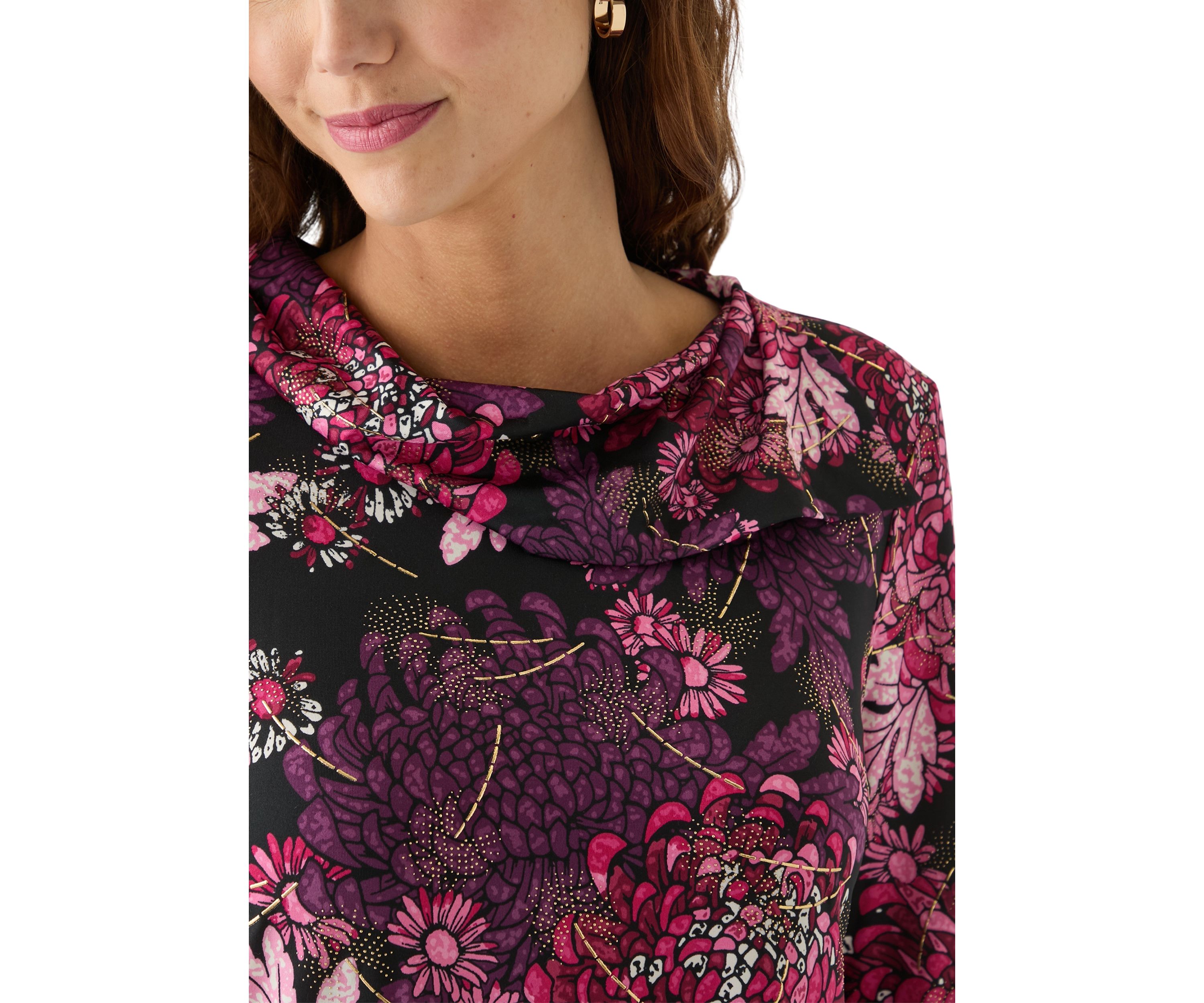 Womens Split Cowl Neck Bold Blooms Dew Drop Printed Knit Shark Bite Top