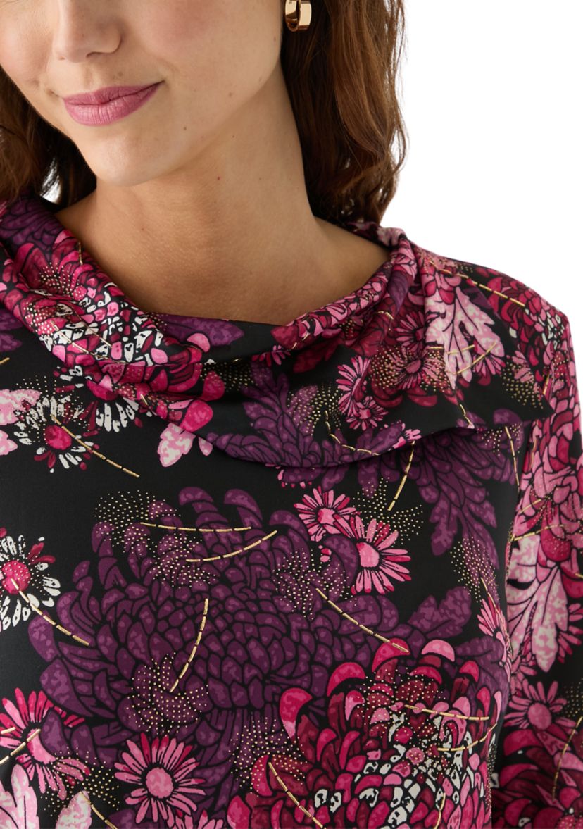Womens Split Cowl Neck Bold Blooms Dew Drop Printed Knit Shark Bite Top