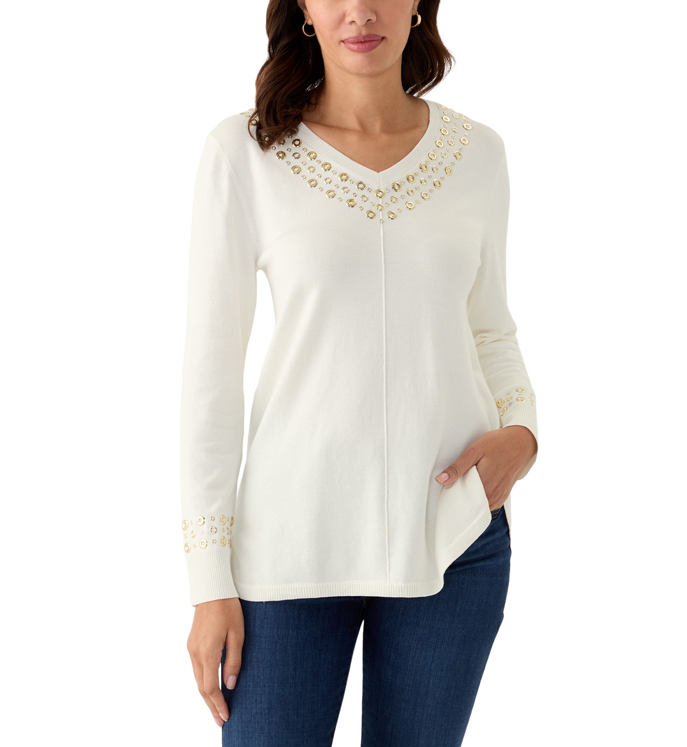 Womens V-Neck Grommet Embellished Fine Gauge Pullover Sweater