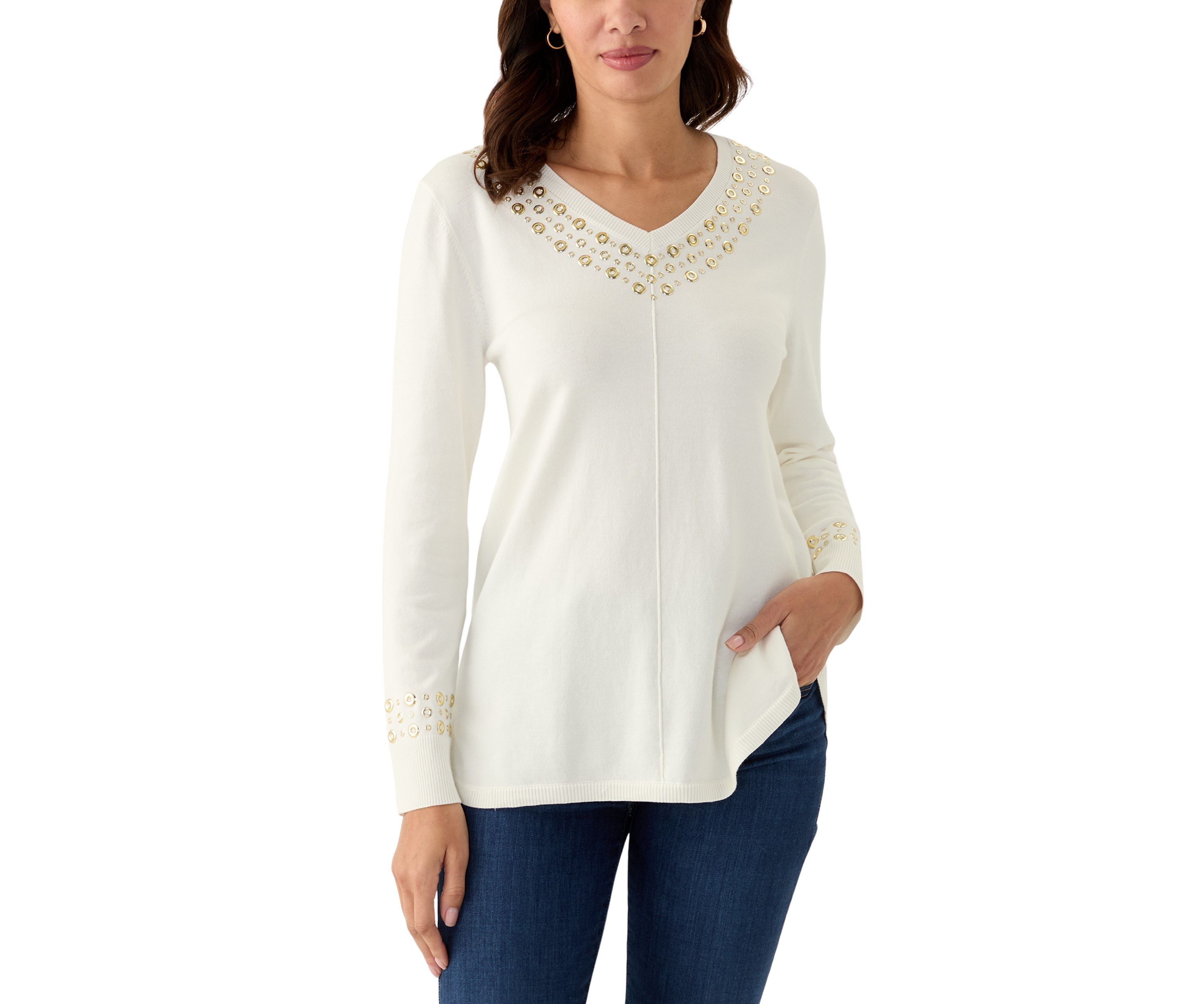 Womens V-Neck Grommet Embellished Fine Gauge Pullover Sweater