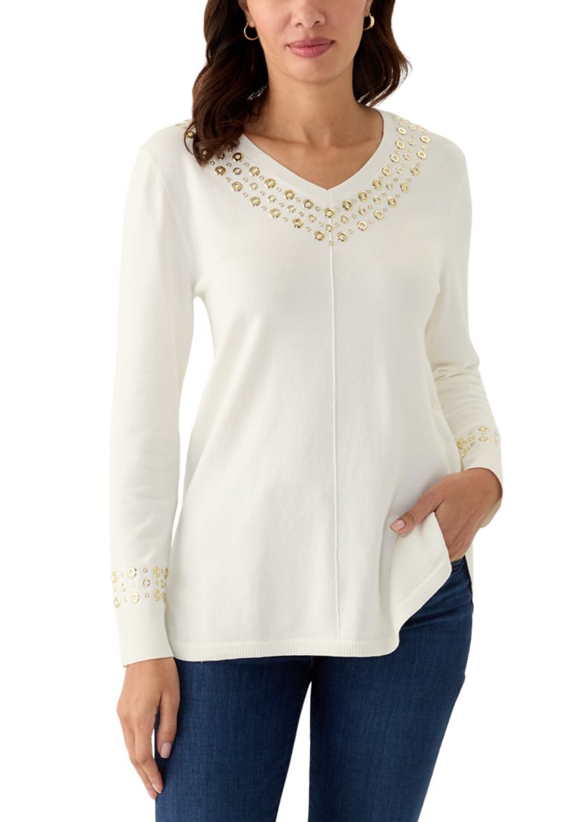 Womens V-Neck Grommet Embellished Fine Gauge Pullover Sweater