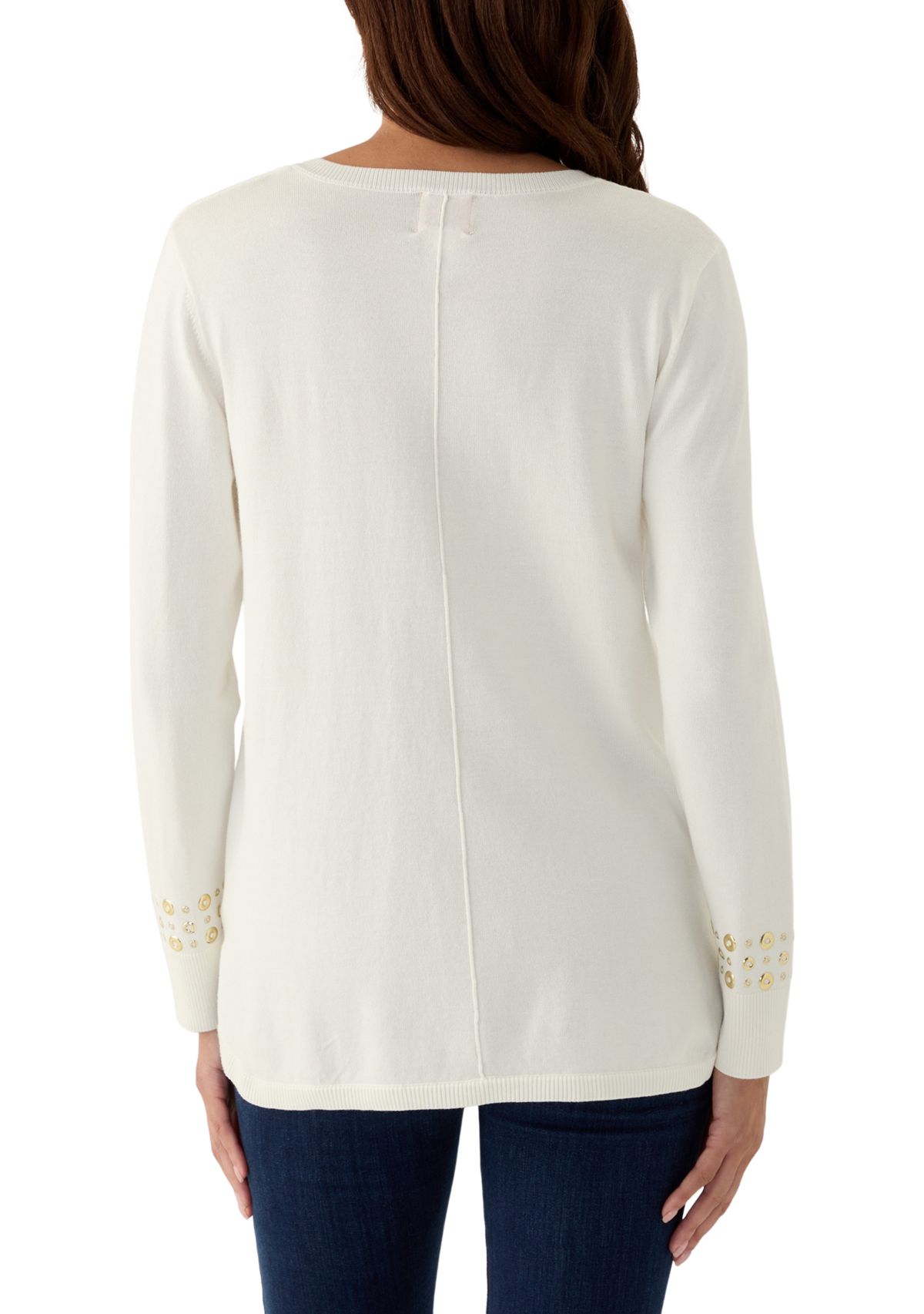 Womens V-Neck Grommet Embellished Fine Gauge Pullover Sweater