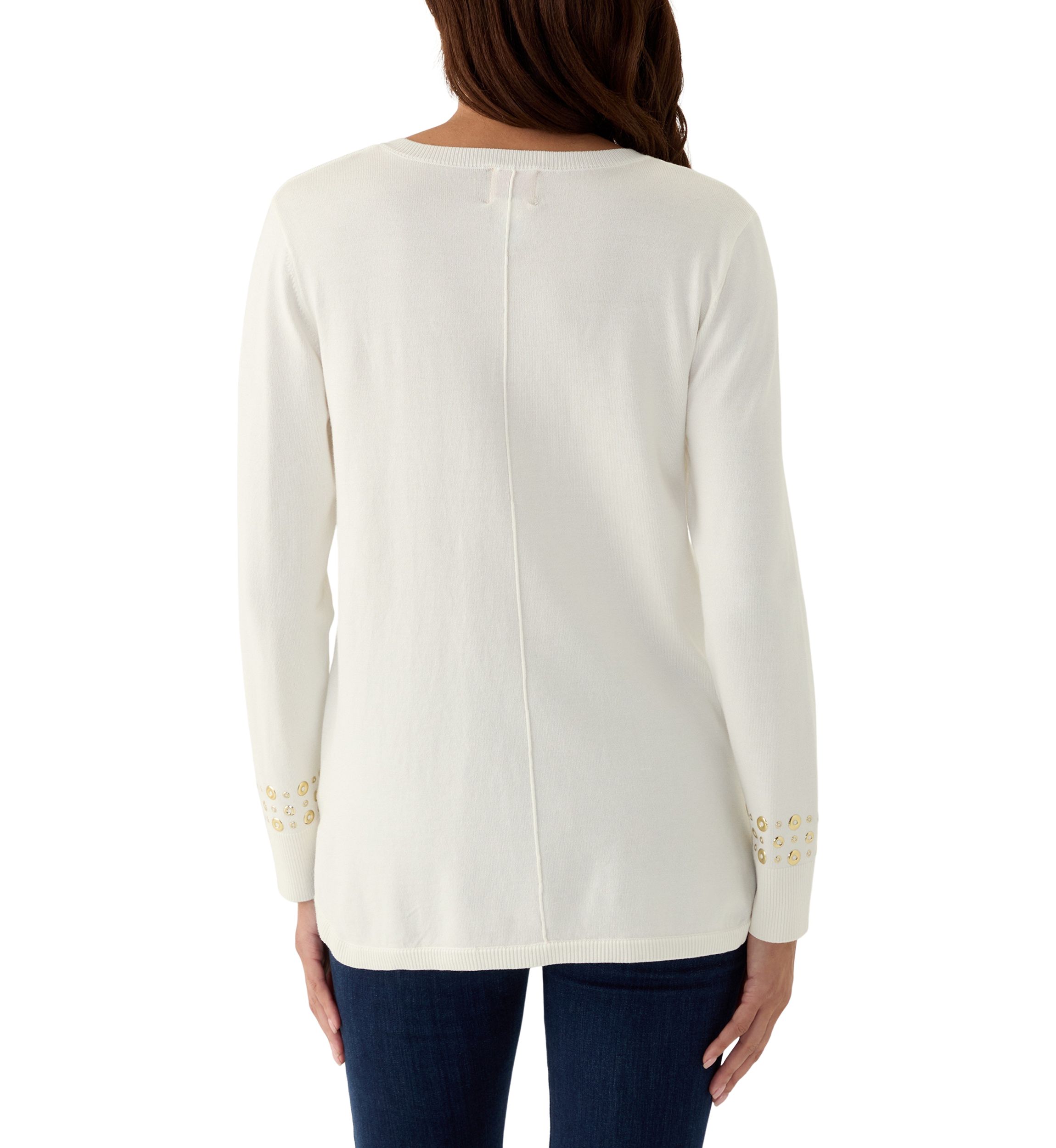 Womens V-Neck Grommet Embellished Fine Gauge Pullover Sweater