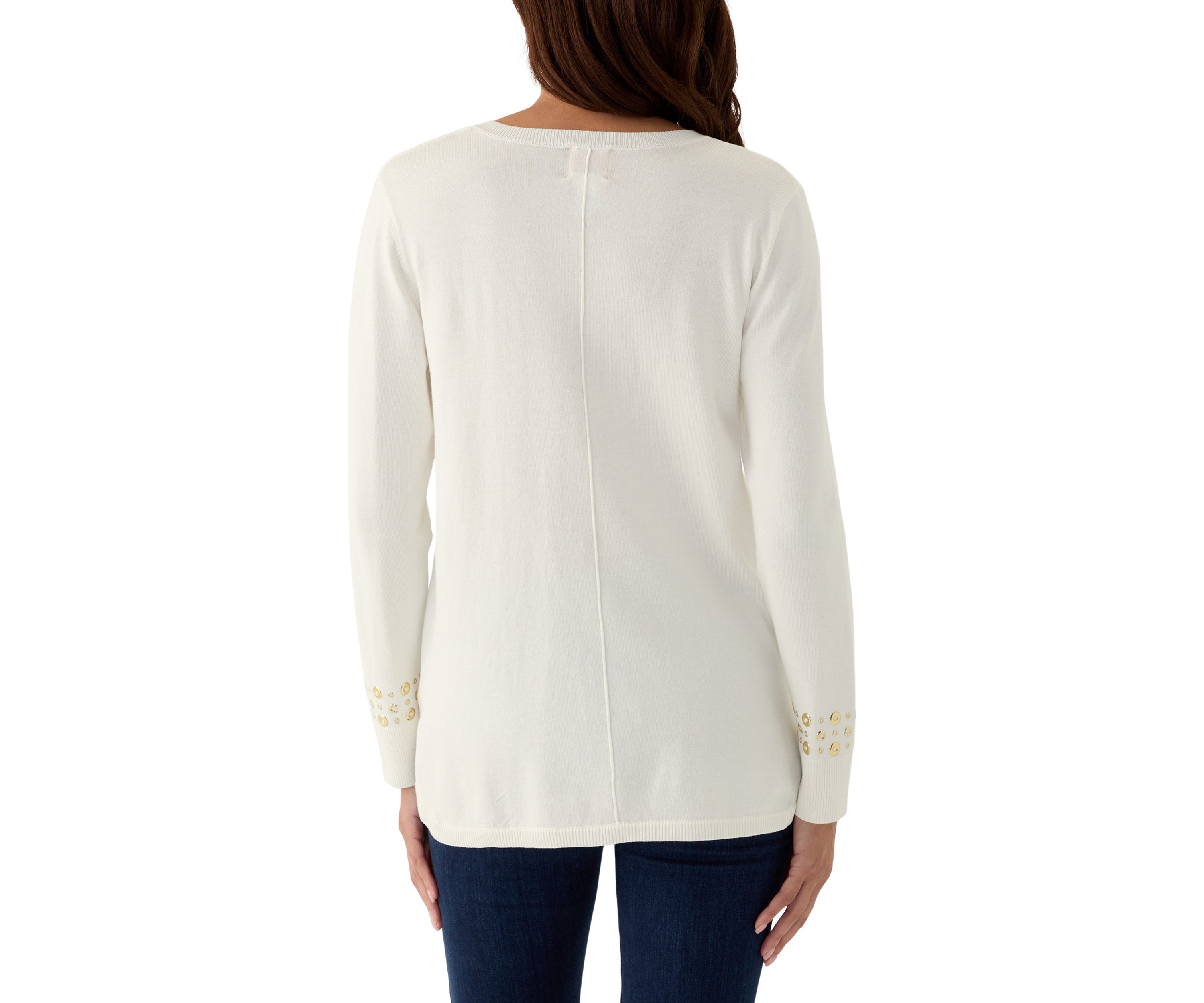 Womens V-Neck Grommet Embellished Fine Gauge Pullover Sweater
